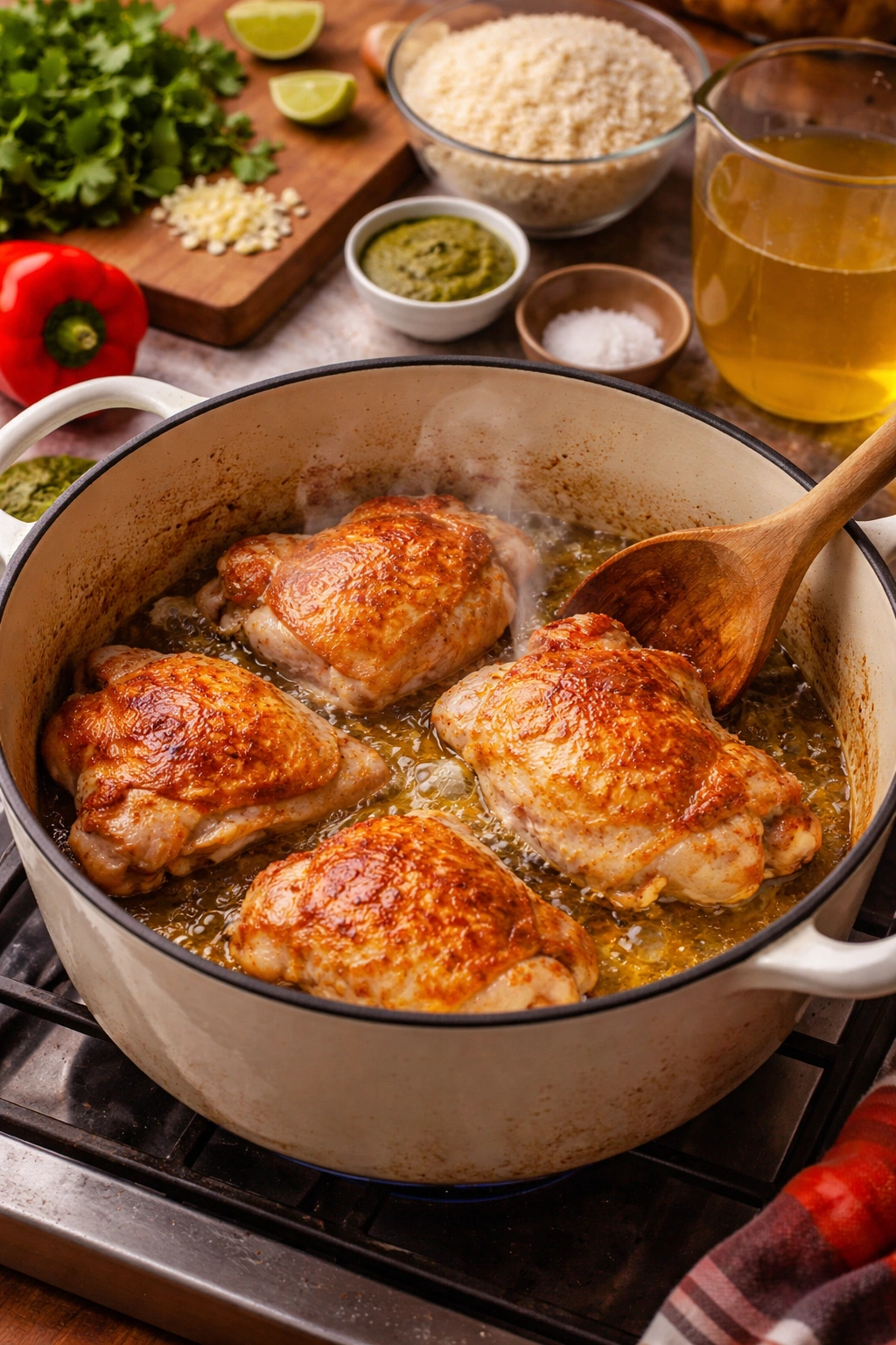 Chickens browning in pot for arroz con pollo.