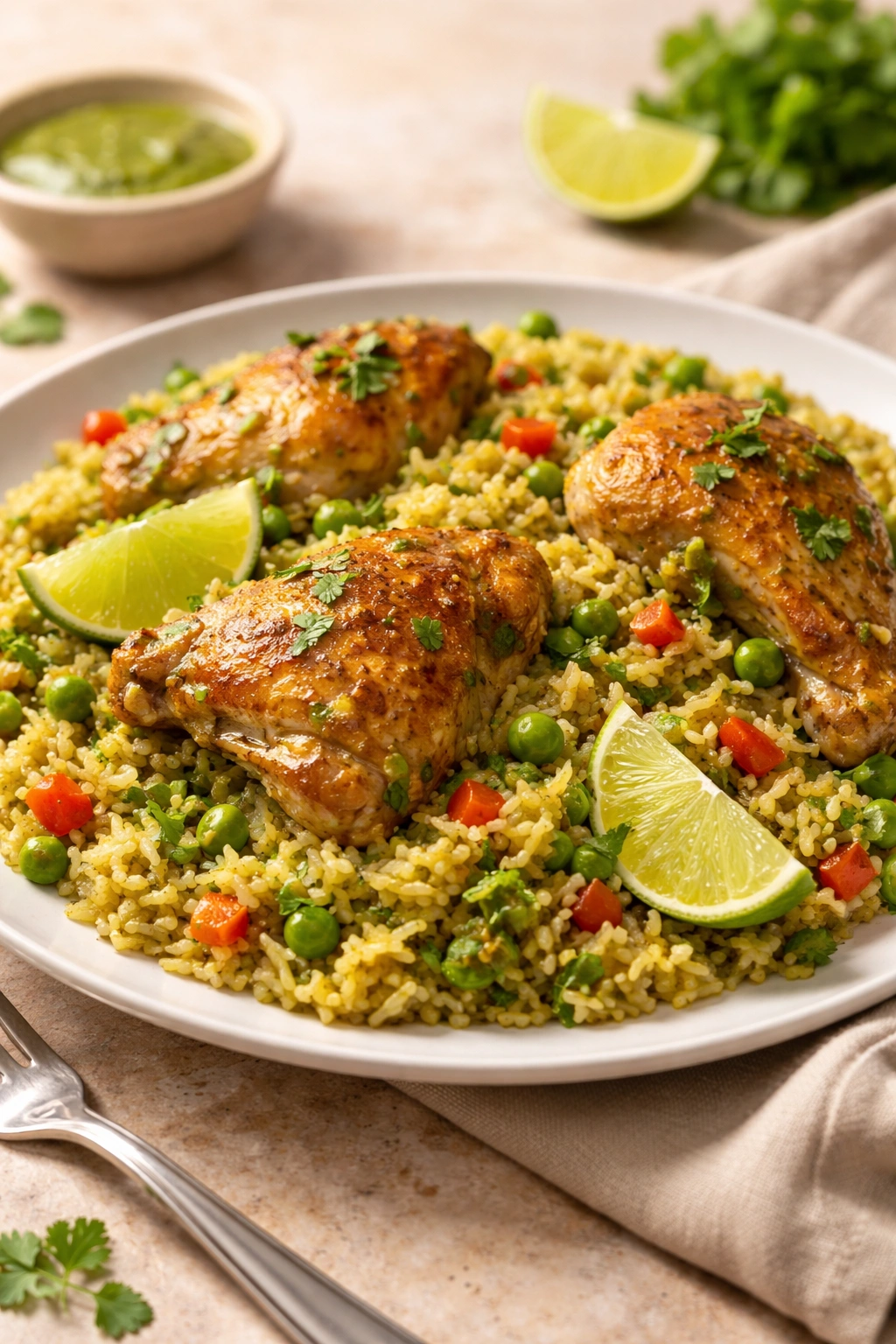Plated arroz con pollo with cilantro and chicken on a white plate.