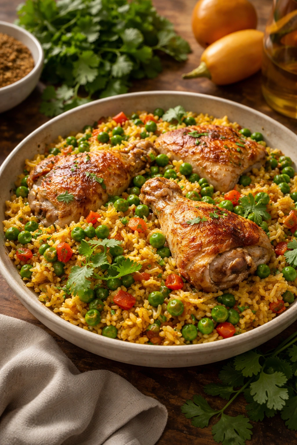 Close-up of arroz con pollo showing chicken, rice, peas, and cilantro.