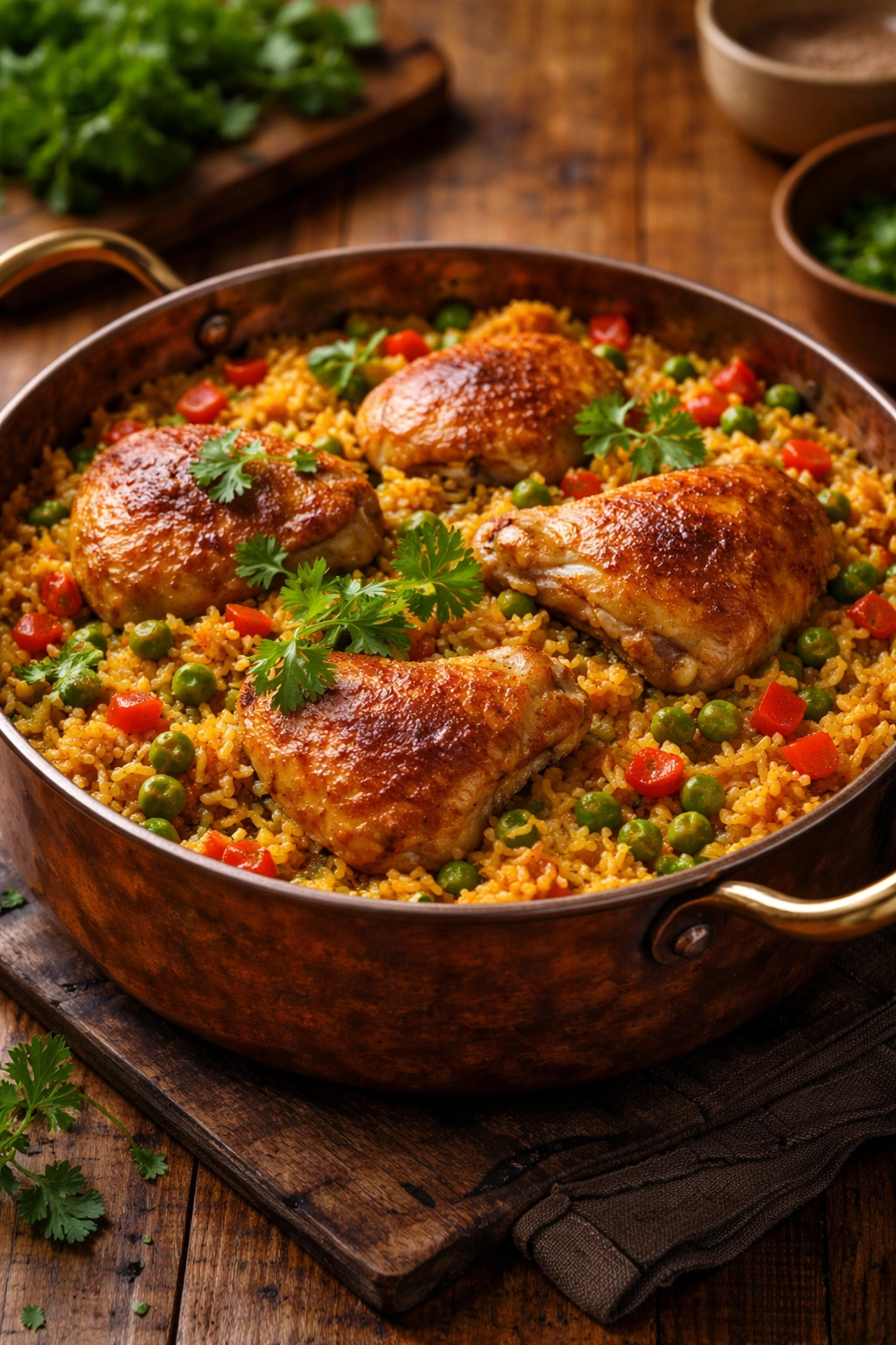 Close-up of arroz con pollo in a copper pot with cilantro garnish.
