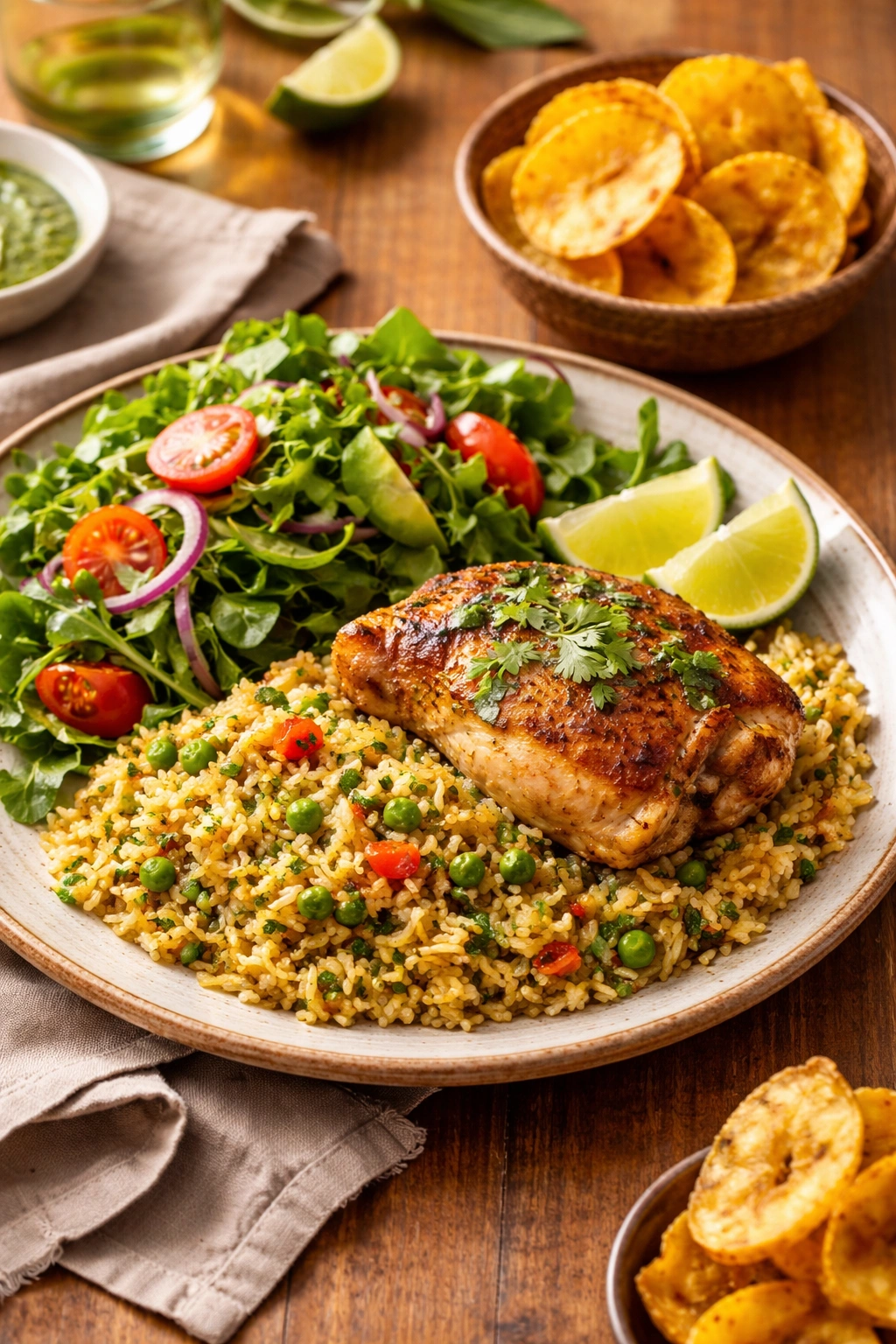 Plated arroz con pollo with salad and plantain chips