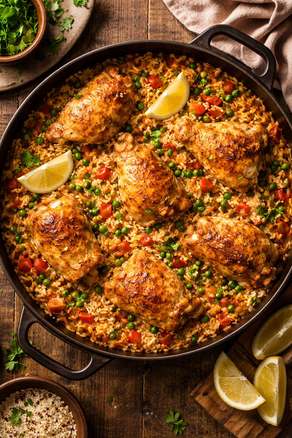 One-pot Arroz Con Pollo with chicken, rice, and vegetables in a warm broth