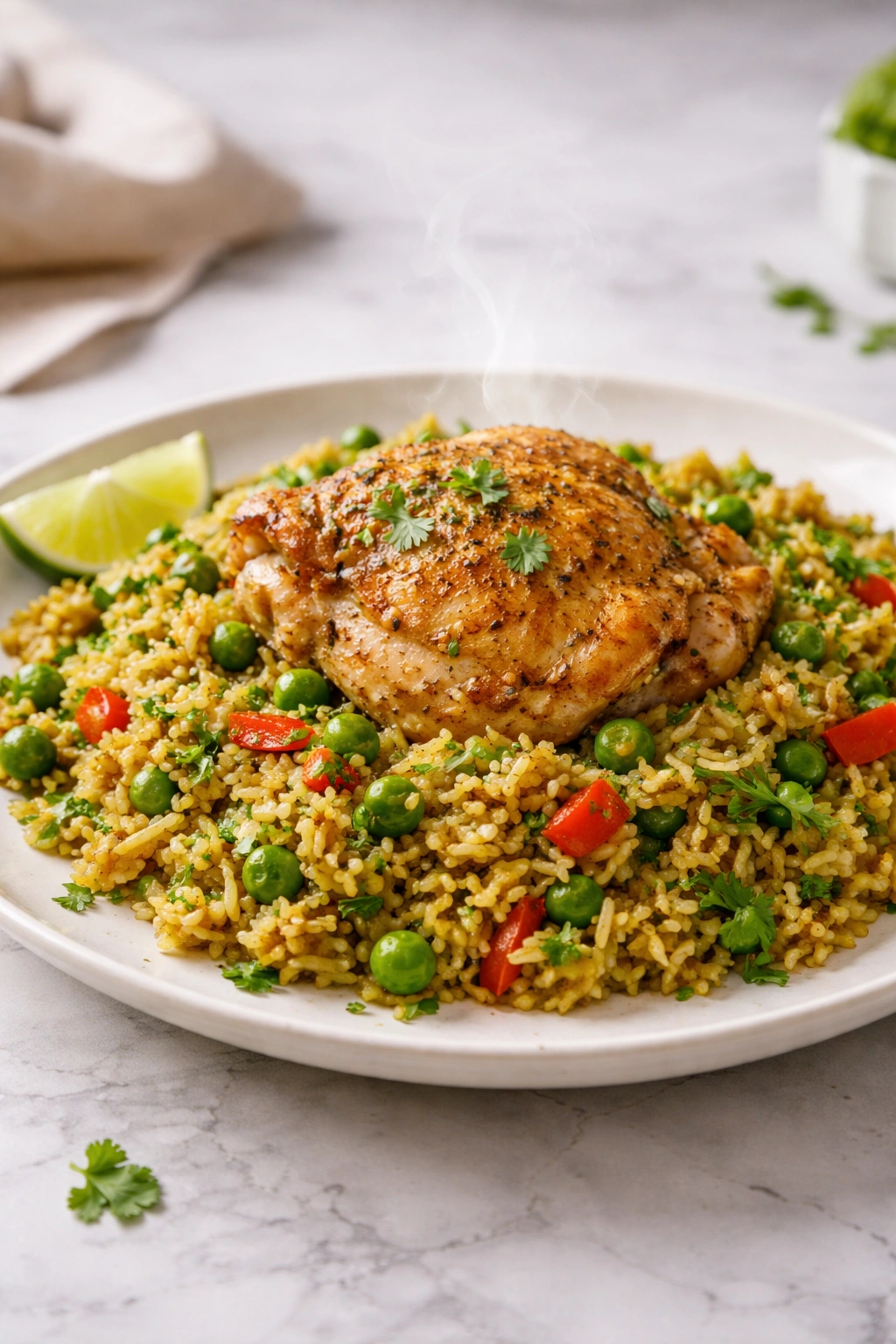 Steaming arroz con pollo plated and ready to serve.