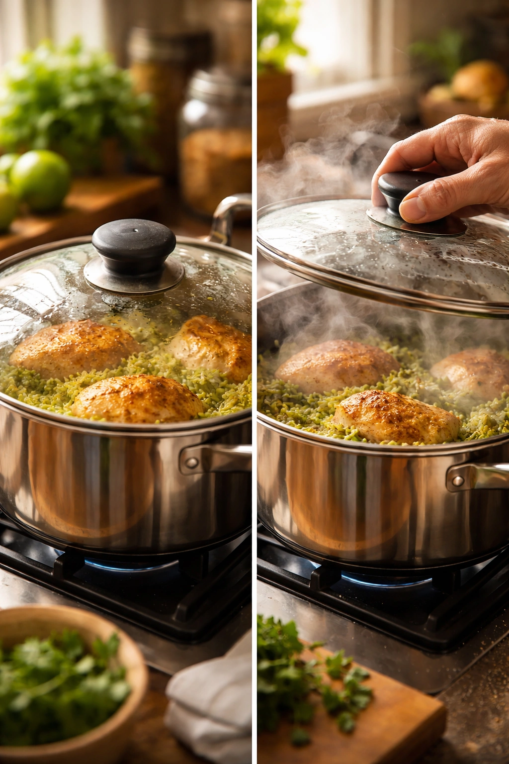 Split-screen close-up of arroz con pollo technique showing proper browning and lid-lifting mistake