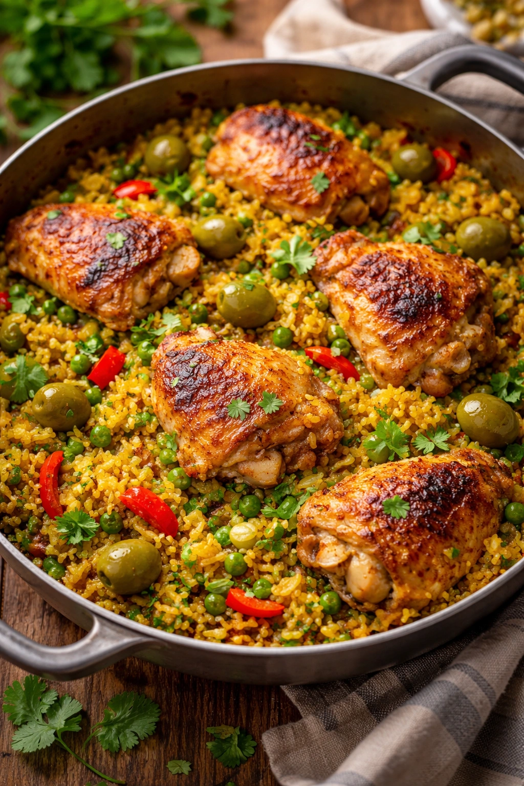 Close-up of arroz con pollo with olives and ají amarillo accents to suggest variations