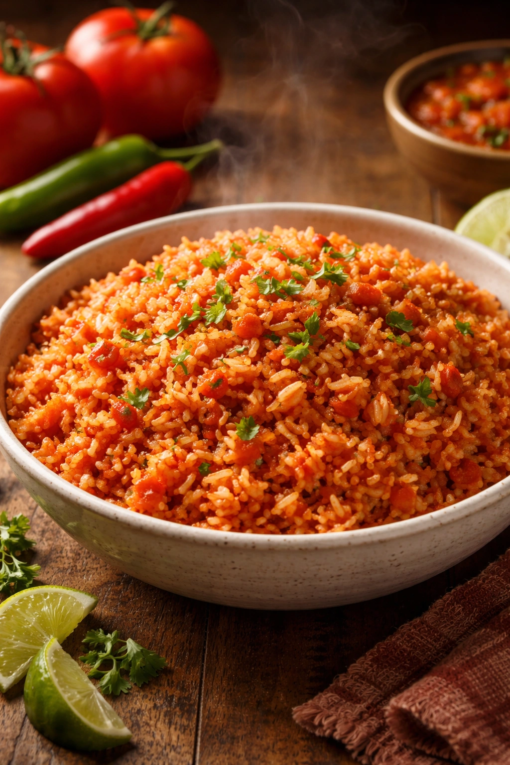 Red rice Arroz Rojo in a shallow bowl with tomato broth