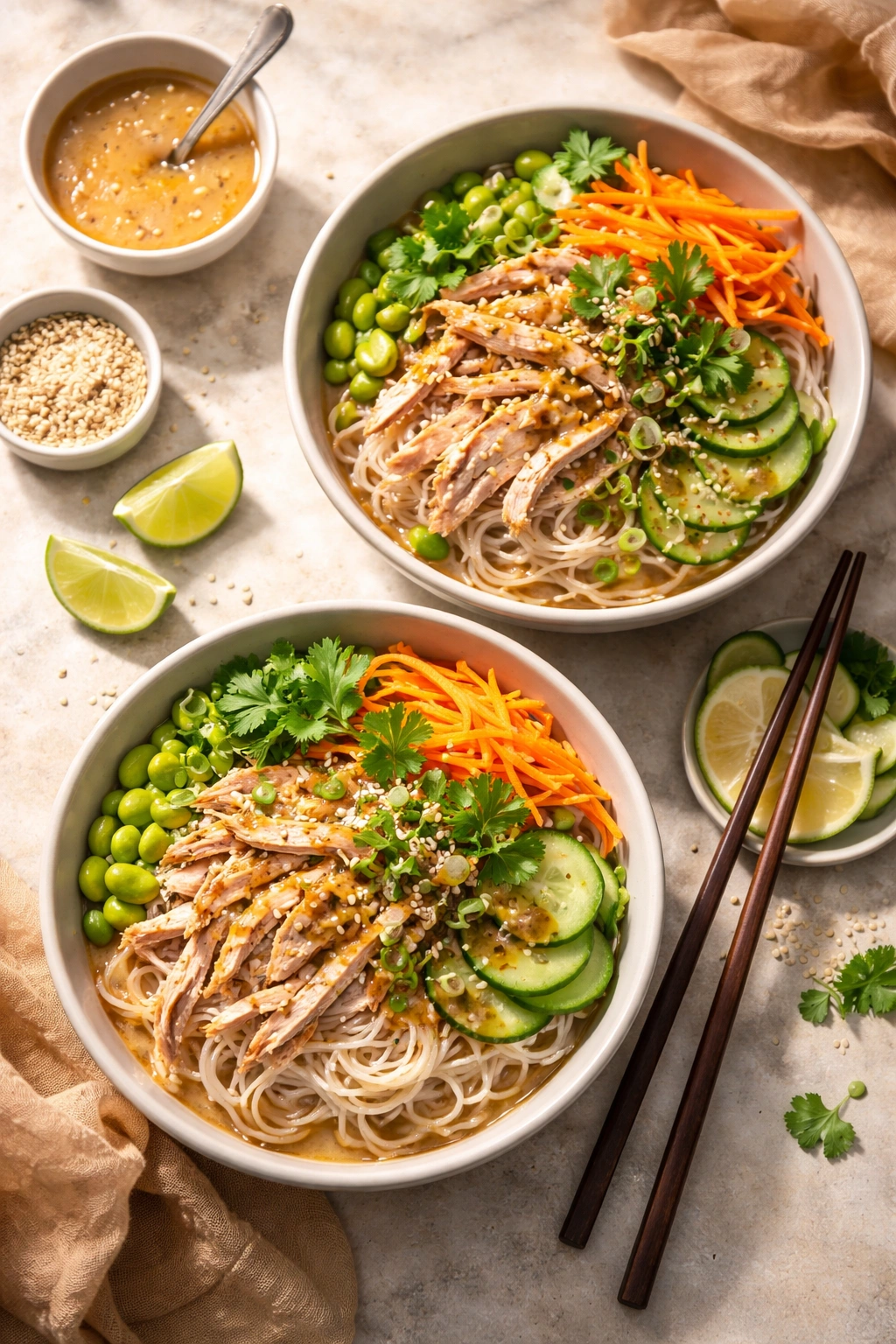 Asian-inspired chicken noodle bowls with vegetables and sesame seeds