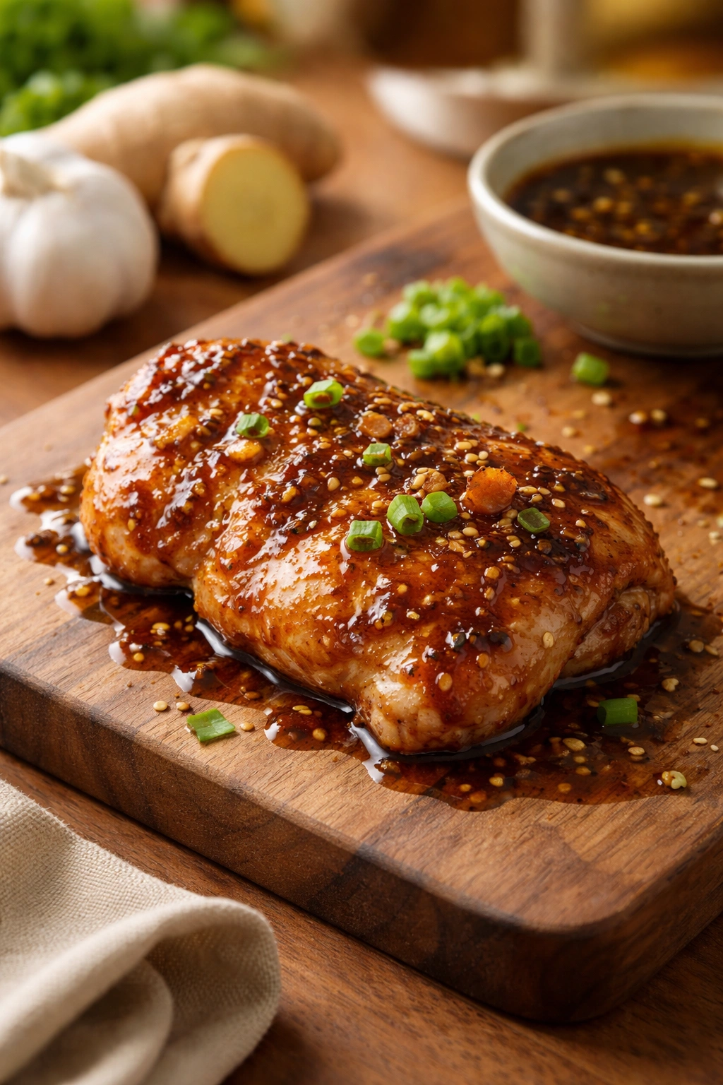 Close-up of chicken thigh with soy-ginger glaze