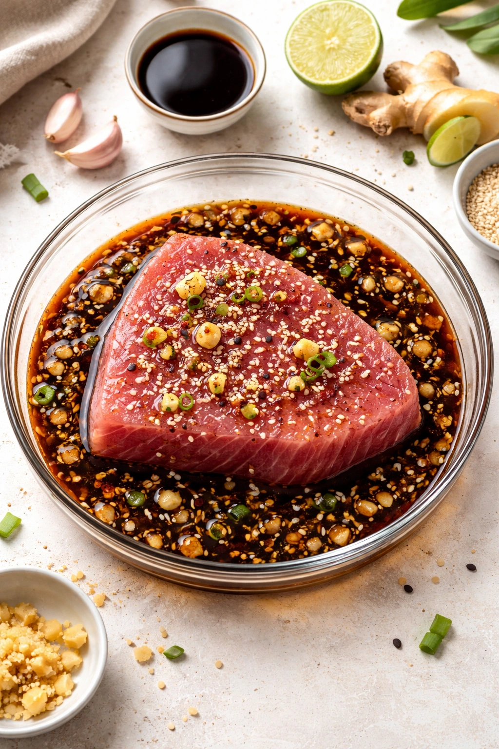 Tuna steak marinated in glossy soy-sesame sauce