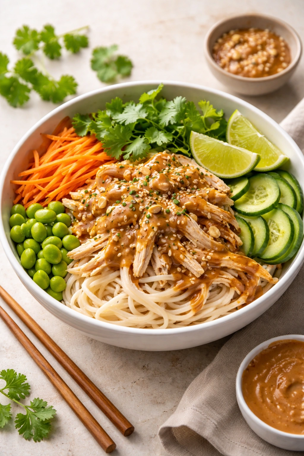 Close-up of a cold Asian noodle bowl with peanut sauce, chicken, carrots, cucumber, edamame, and cilantro.