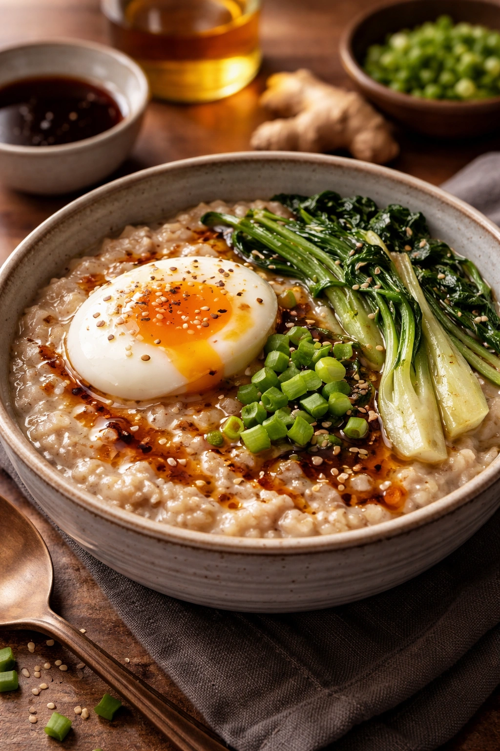 Oatmeal porridge with ginger, soy, and greens