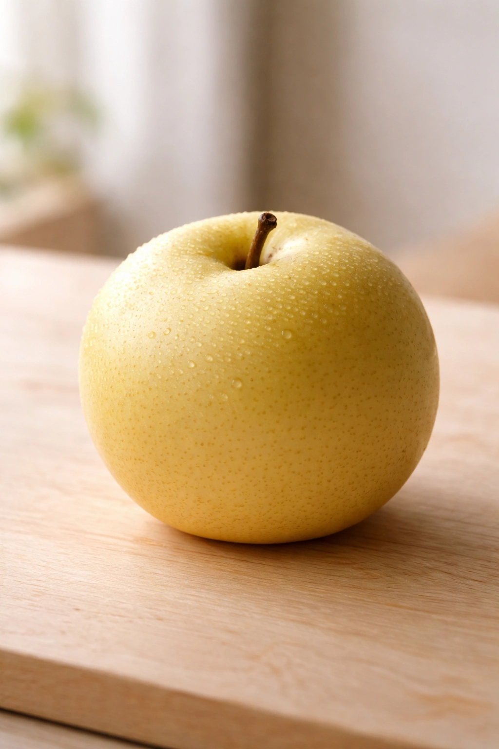 Asian pear with crisp skin on wooden surface