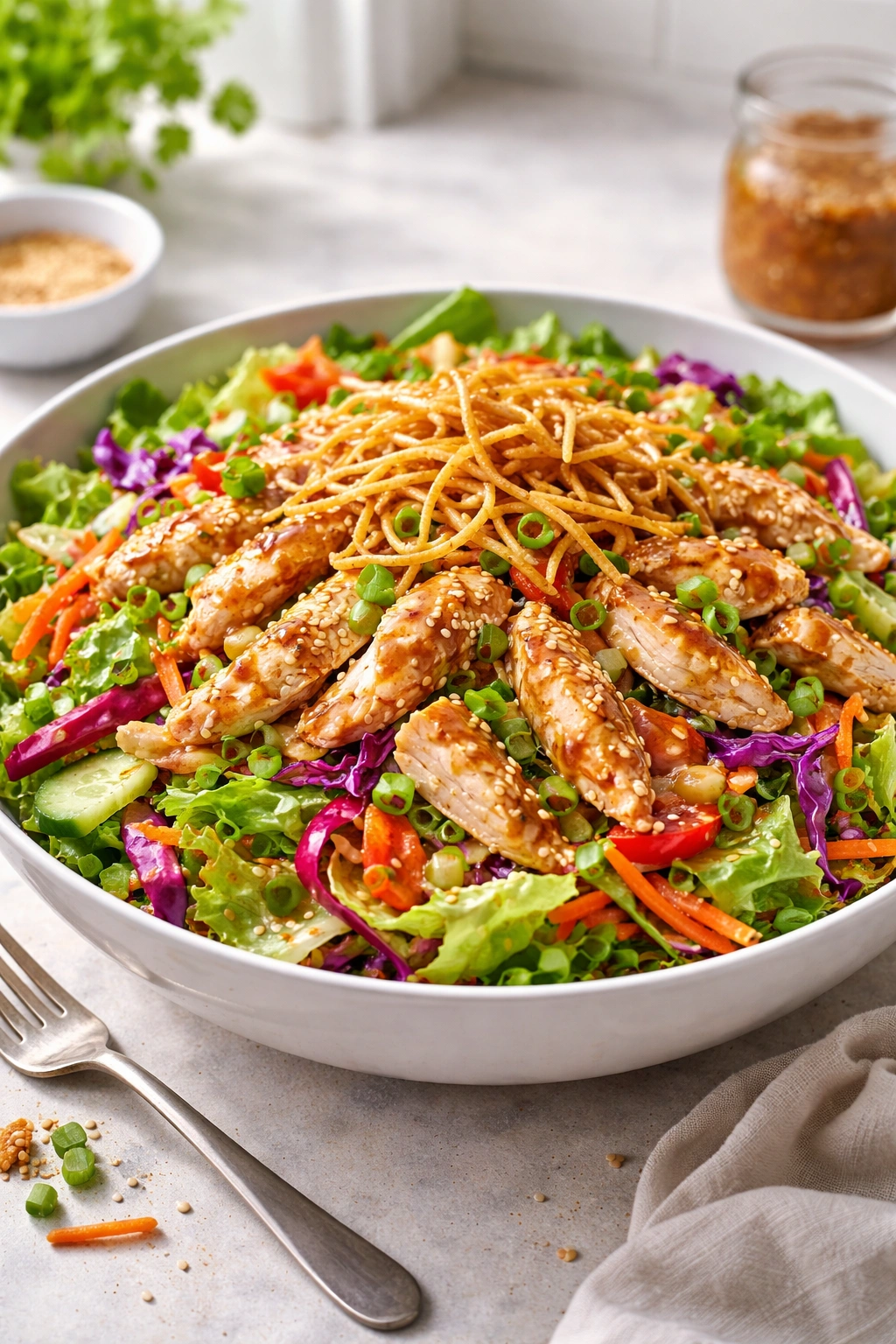 Asian sesame chicken salad with greens, chicken, and crunchy noodles