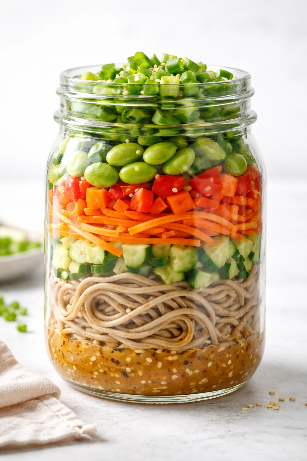 Mason jar salad with noodles and crunchy vegetables in layered sections
