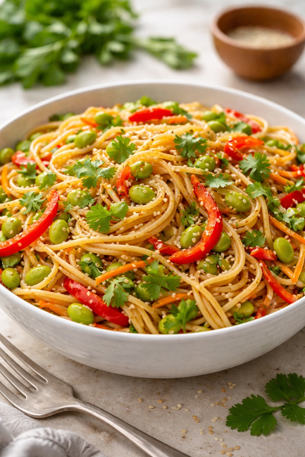 Asian sesame pasta salad with edamame and vegetables