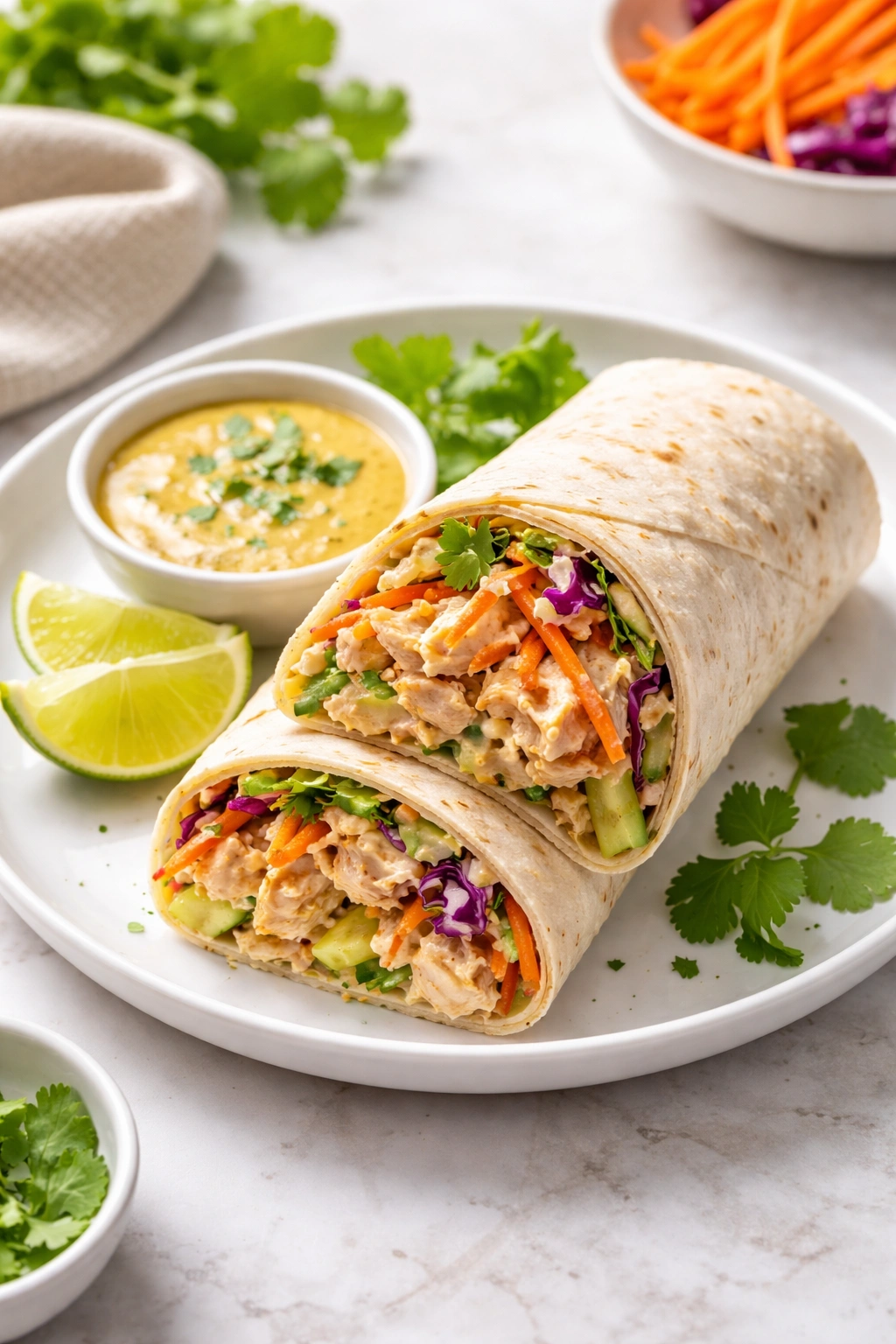 Close-up of a chicken wrap with creamy curry sauce and colorful vegetables