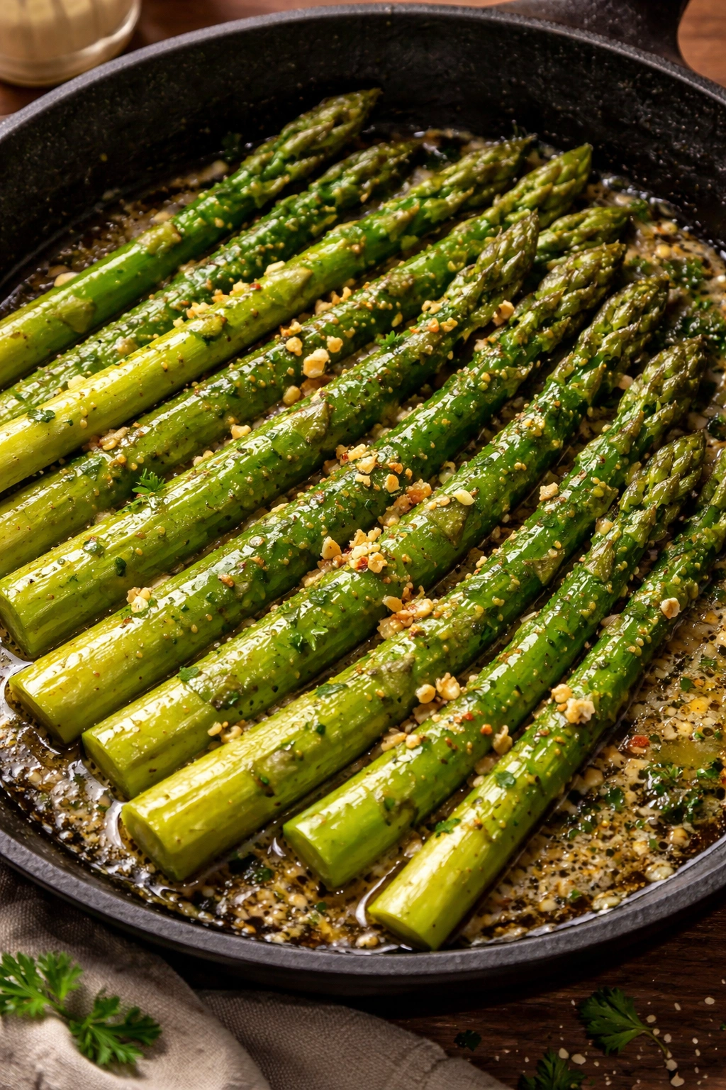 Asparagus with garlic butter arranged in a skillet with melted butter