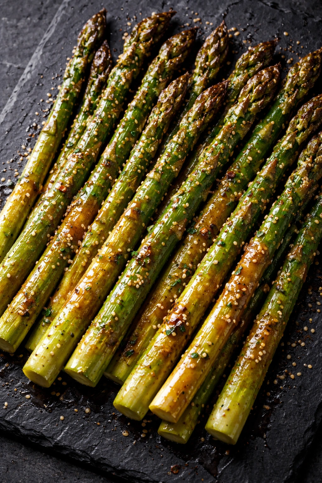Asparagus spears with miso-butter glaze on a dark slate