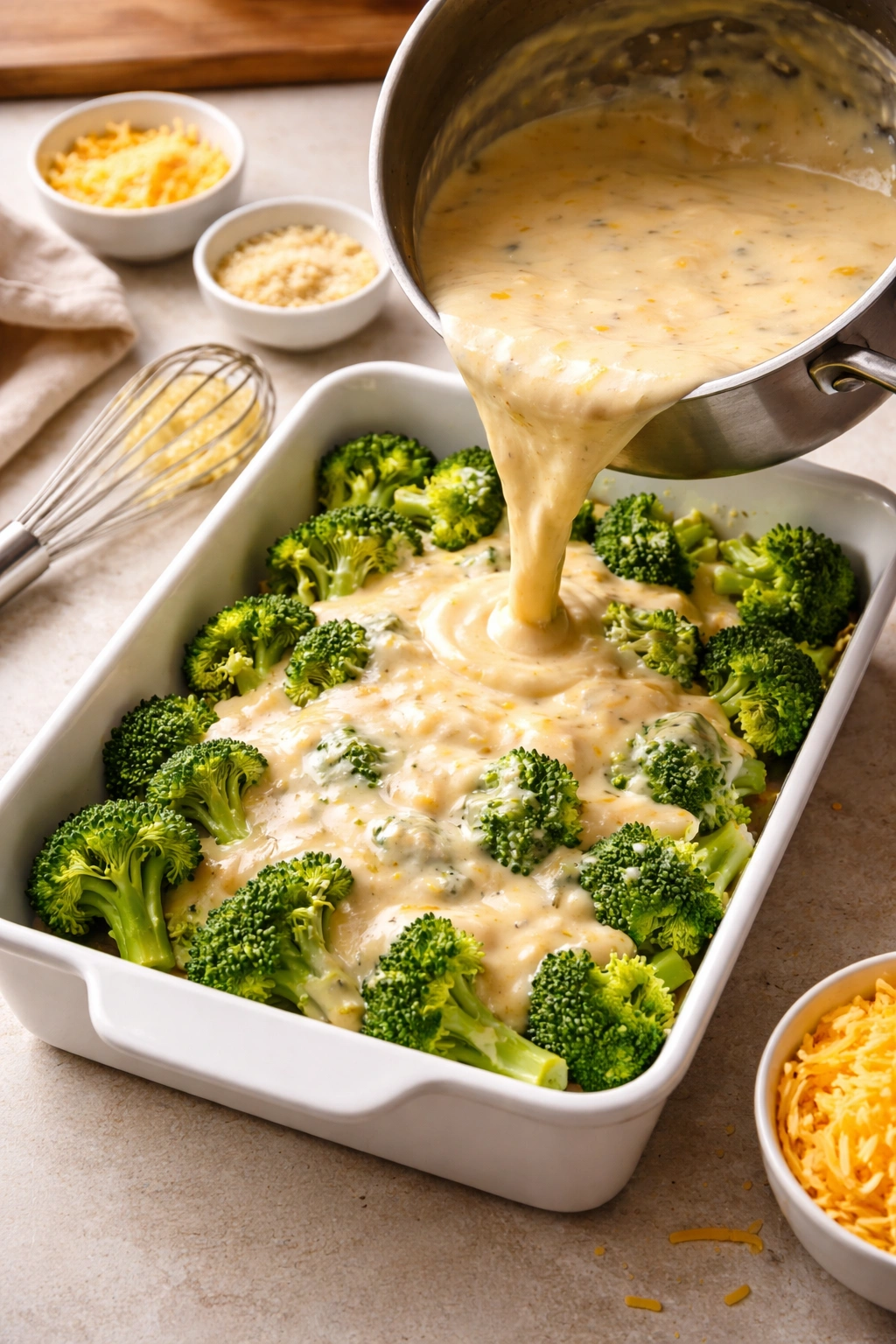 Baking dish being filled with broccoli and cheese sauce, kitchen setup