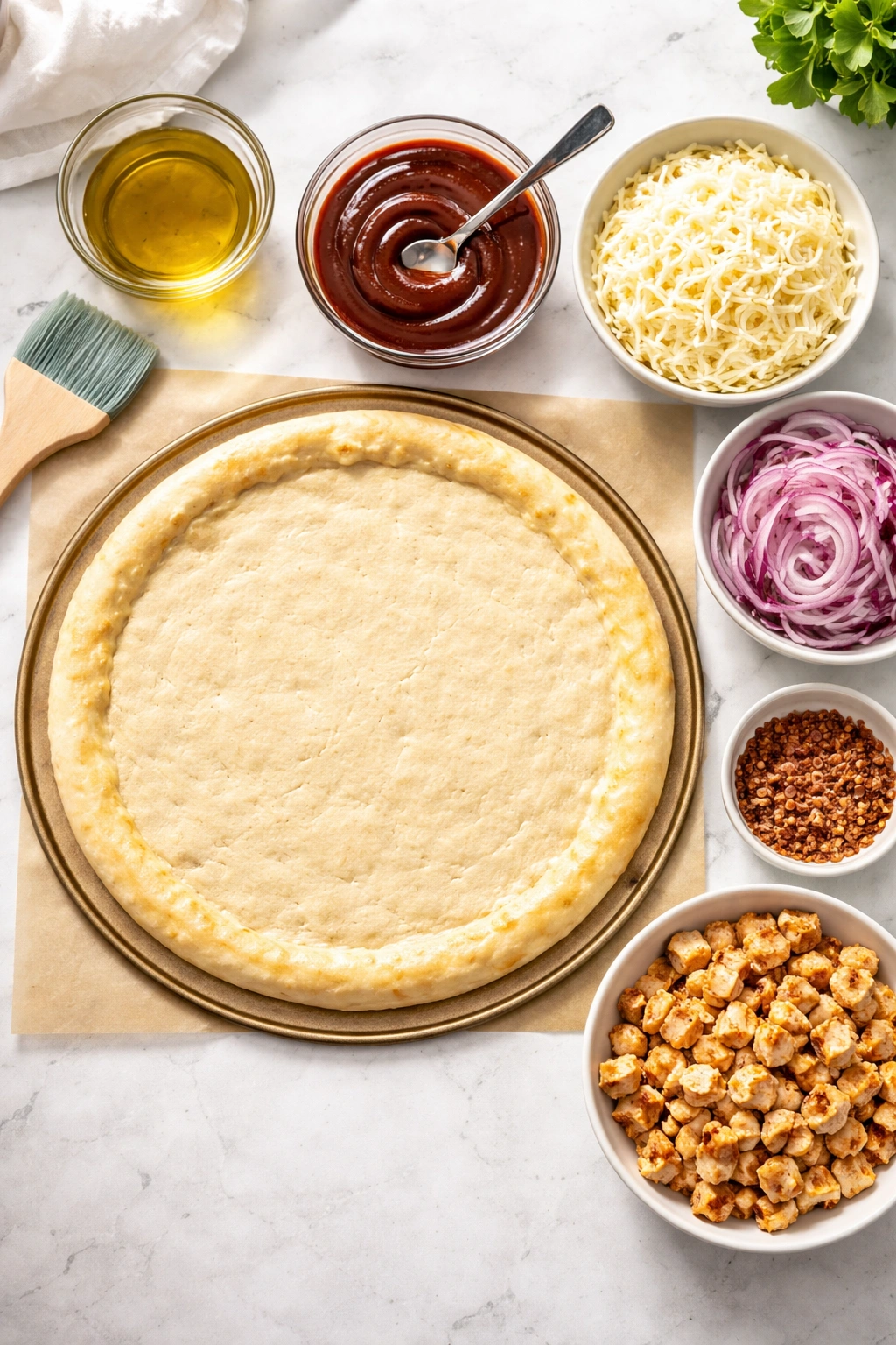 Top-down view of a neatly arranged pizza assembly setup with crust, oil, sauce, cheese, onion, and chicken