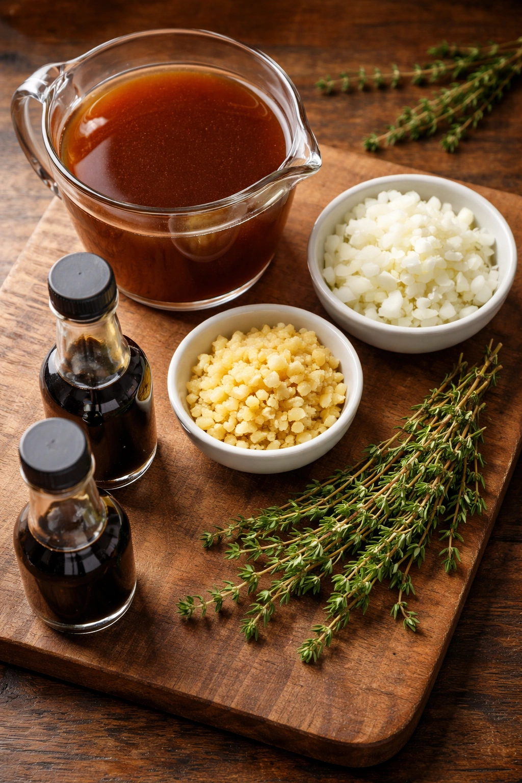 Top-down view of au jus ingredients on a board