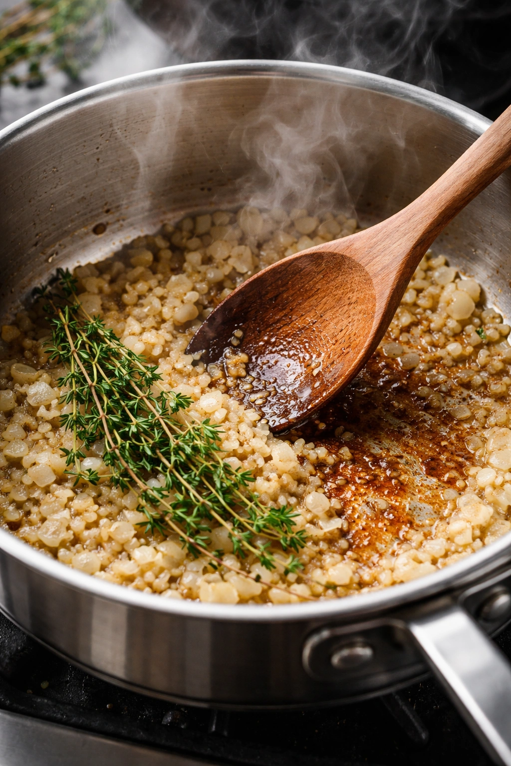 Saucepan with onions and garlic browning in au jus