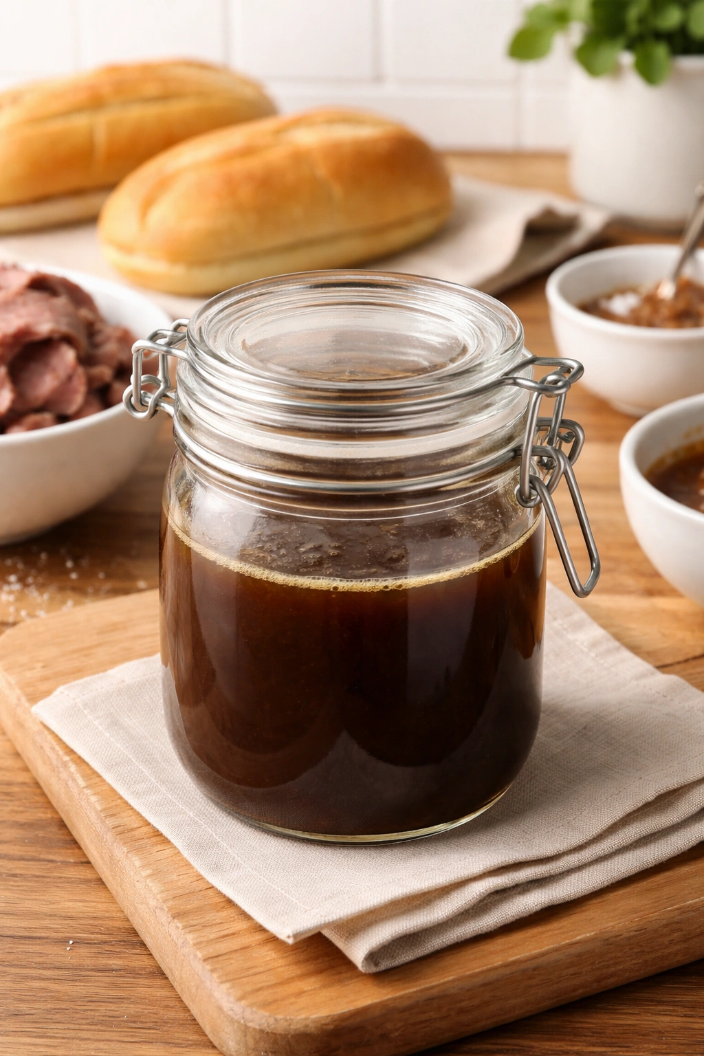 Jar of au jus stored for make-ahead planning