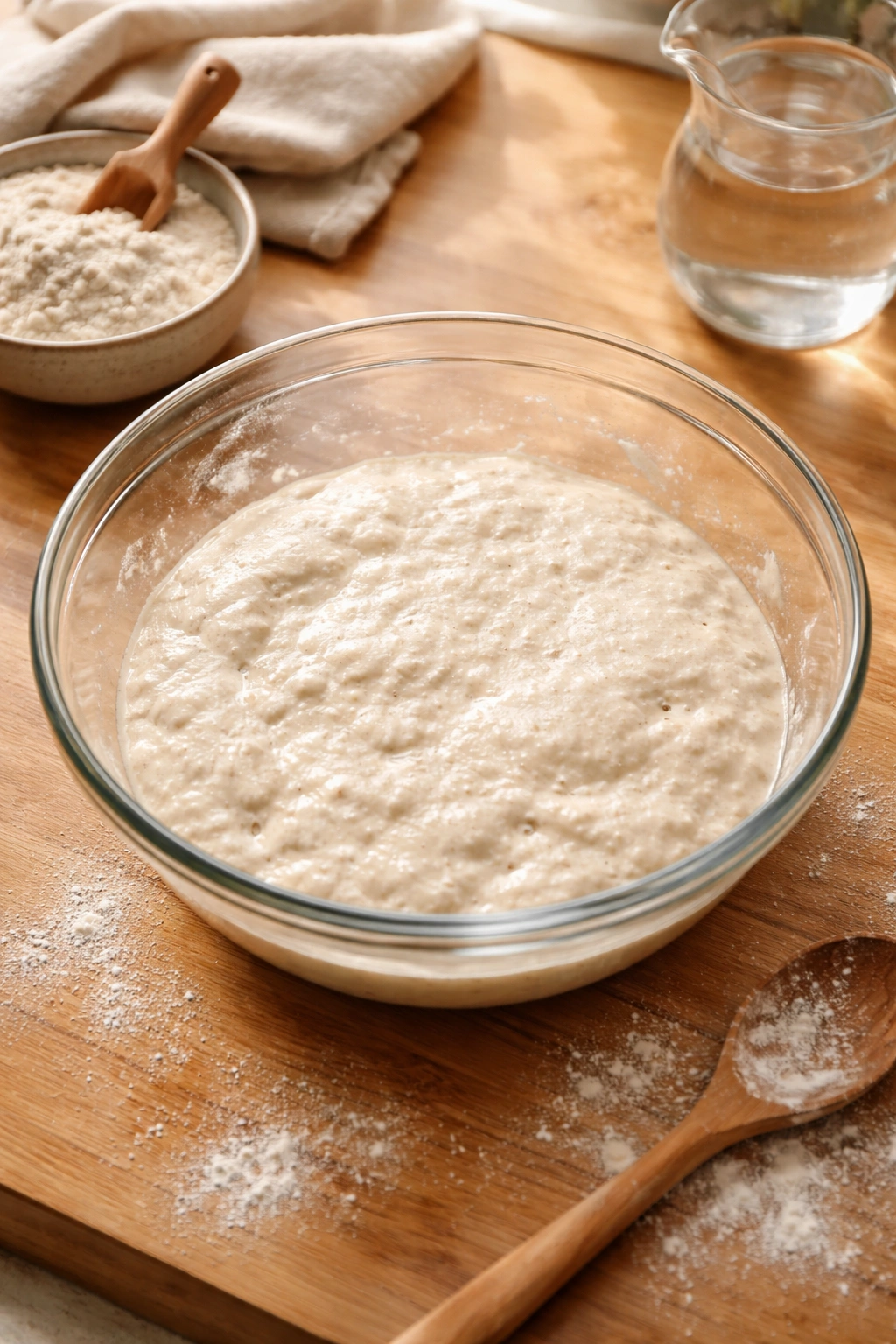 Autolyse dough resting in a bowl with flour and water, no starter visible