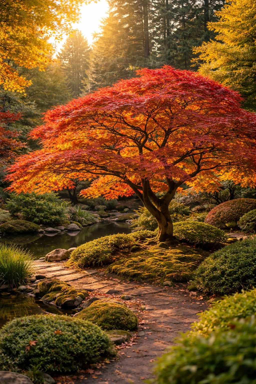 Mature Japanese maple with vibrant autumn colors in a garden