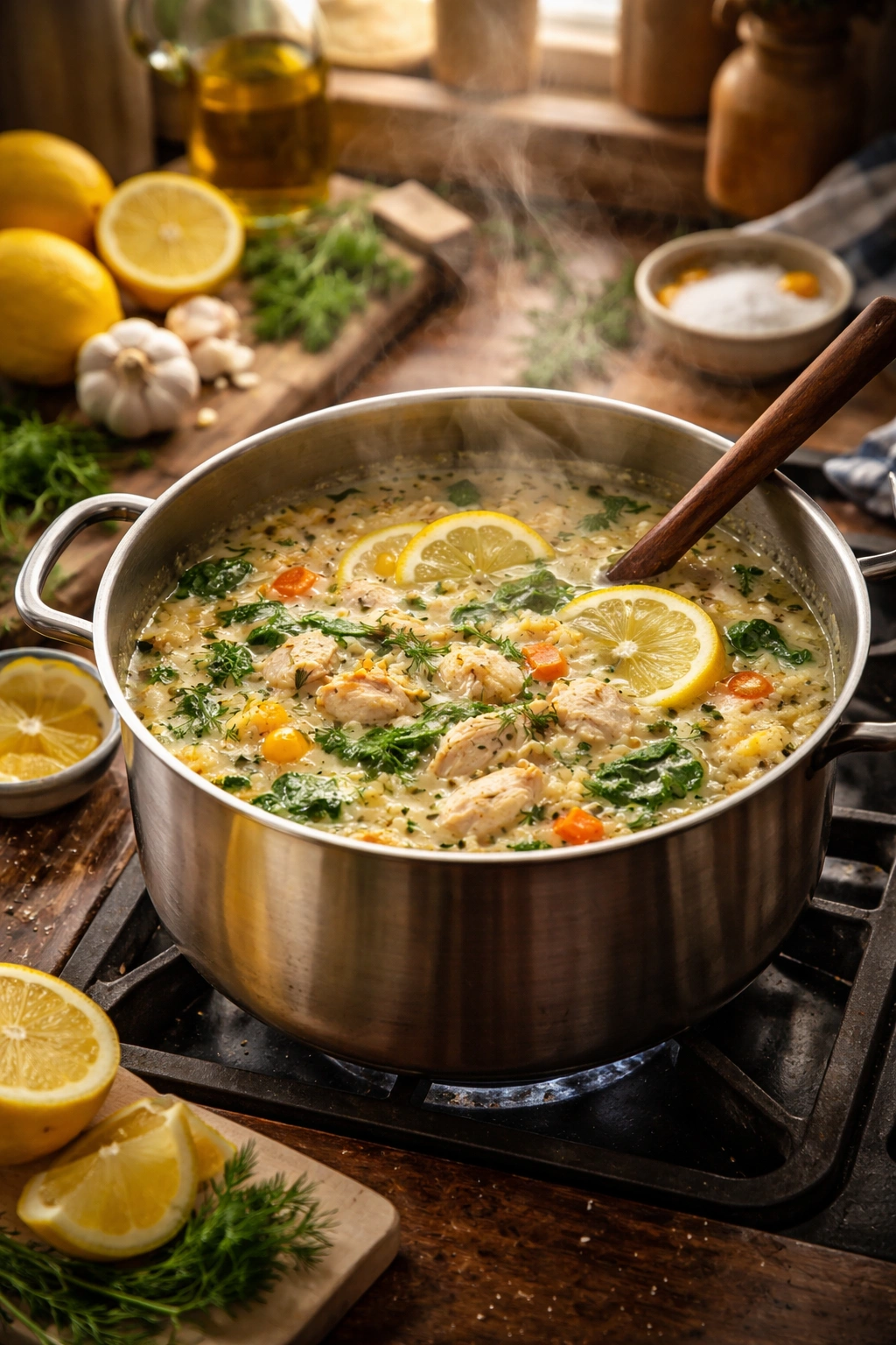 Pot of lemon chicken soup on stove with steam and lemon nearby, suggesting avgolemono heritage