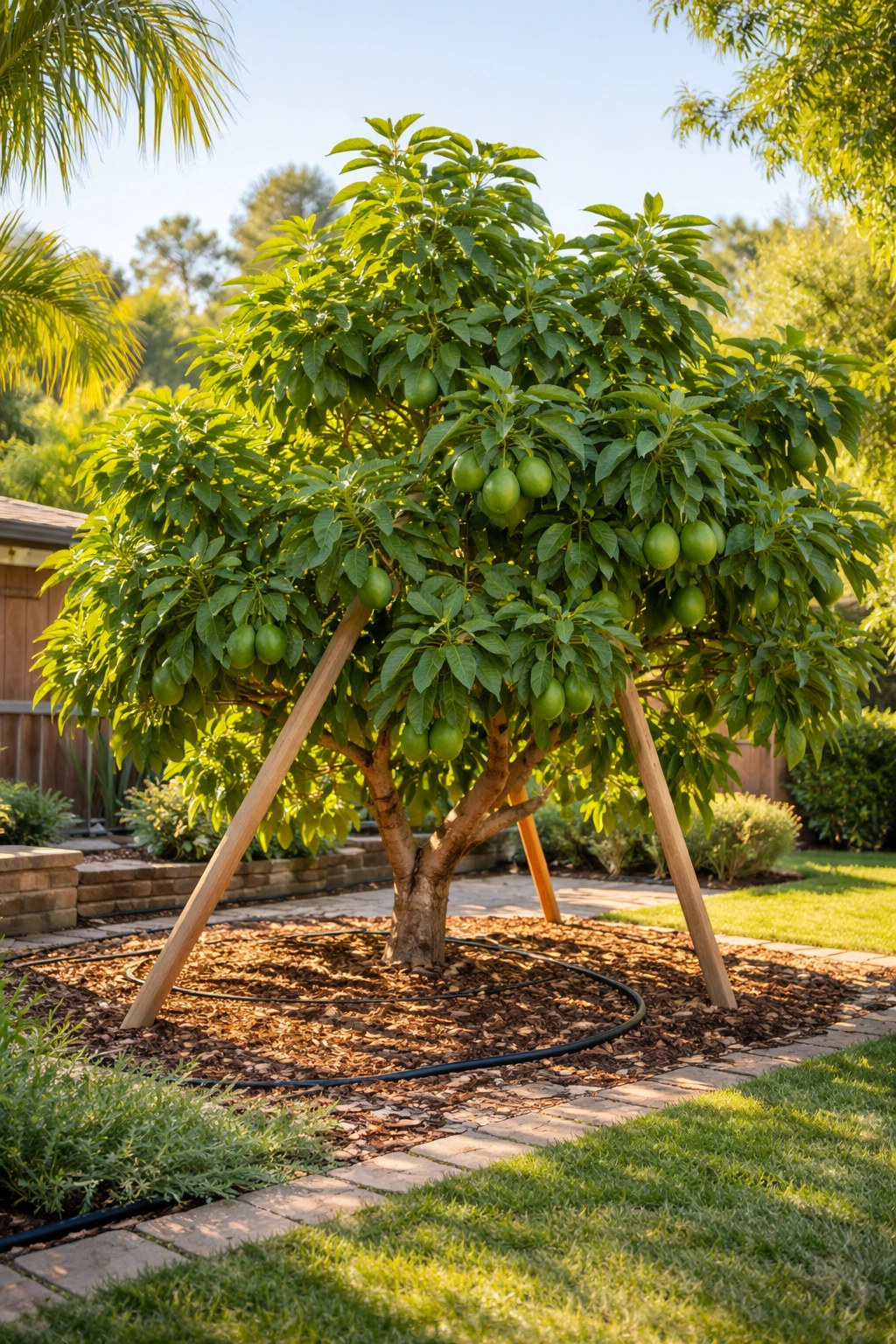 Backyard avocado tree with wooden props and drip irrigation in a sunny California yard