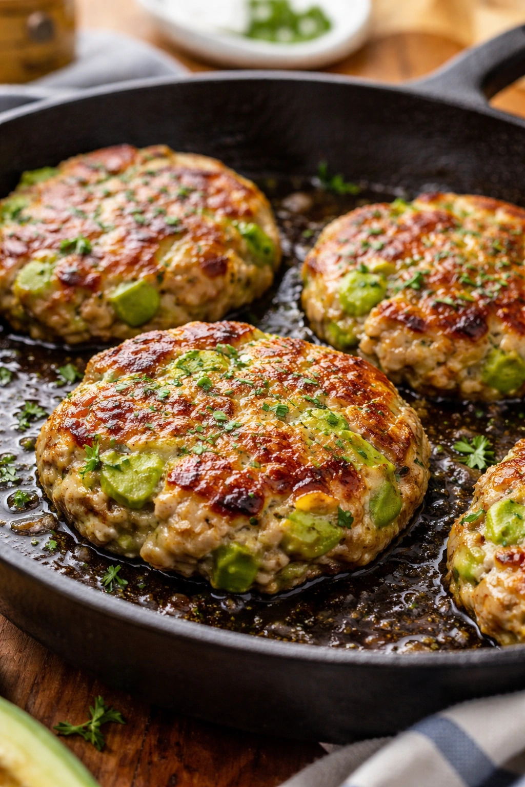 Chicken burgers with avocado in the patties cooking in a skillet