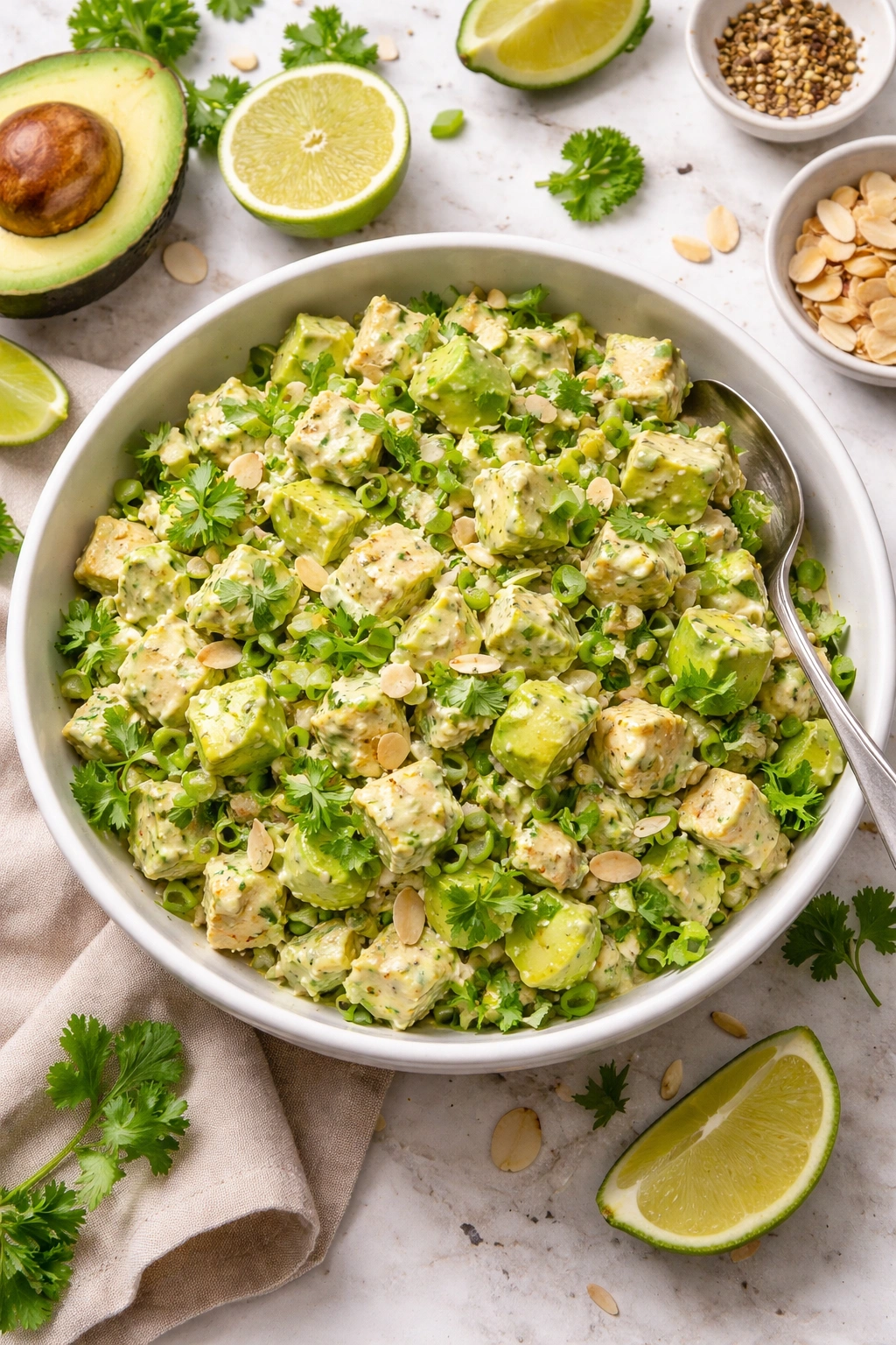 Bowl of creamy avocado chicken salad with cilantro
