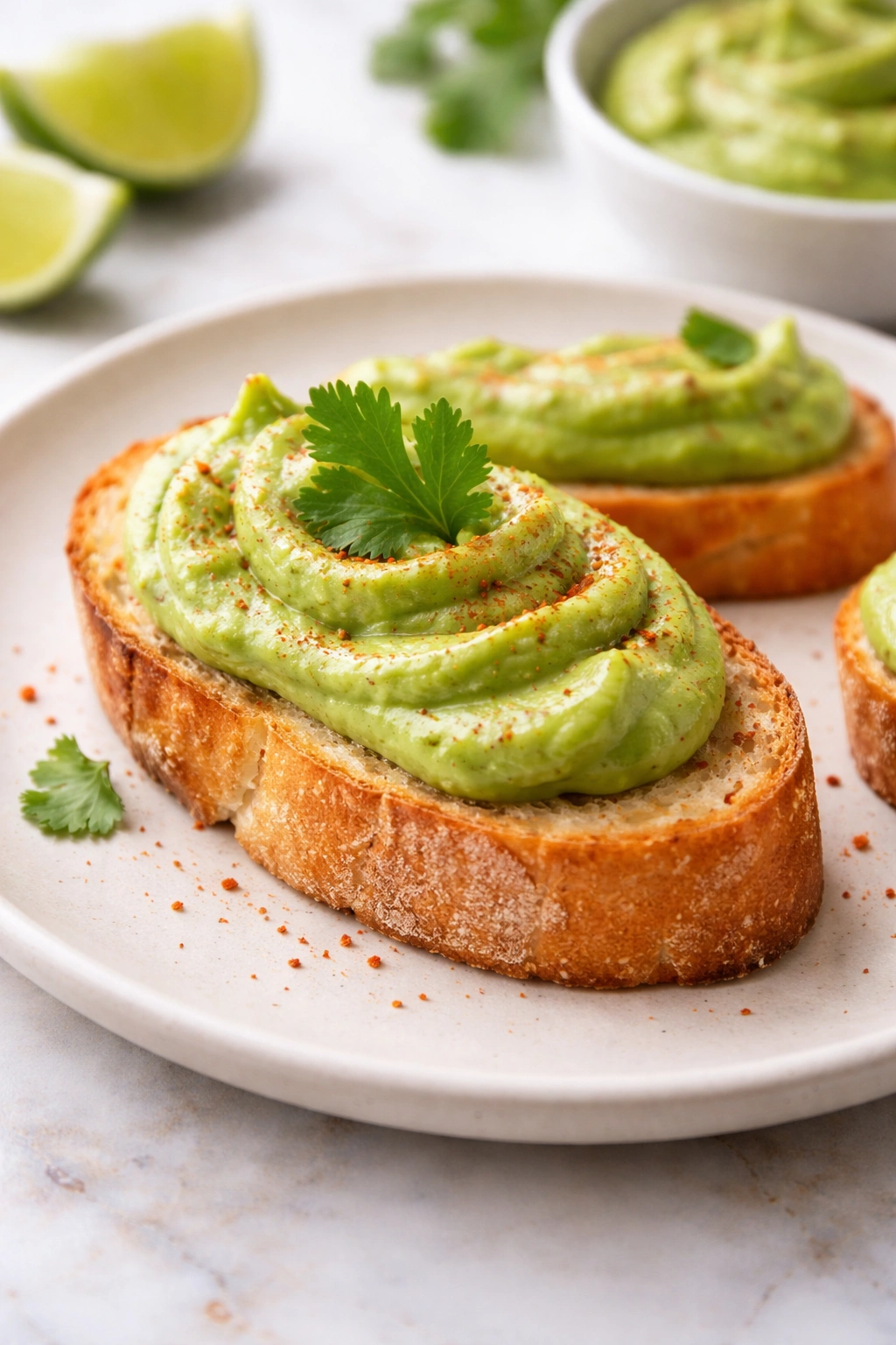 Crostini topped with avocado crema, lime, and cilantro