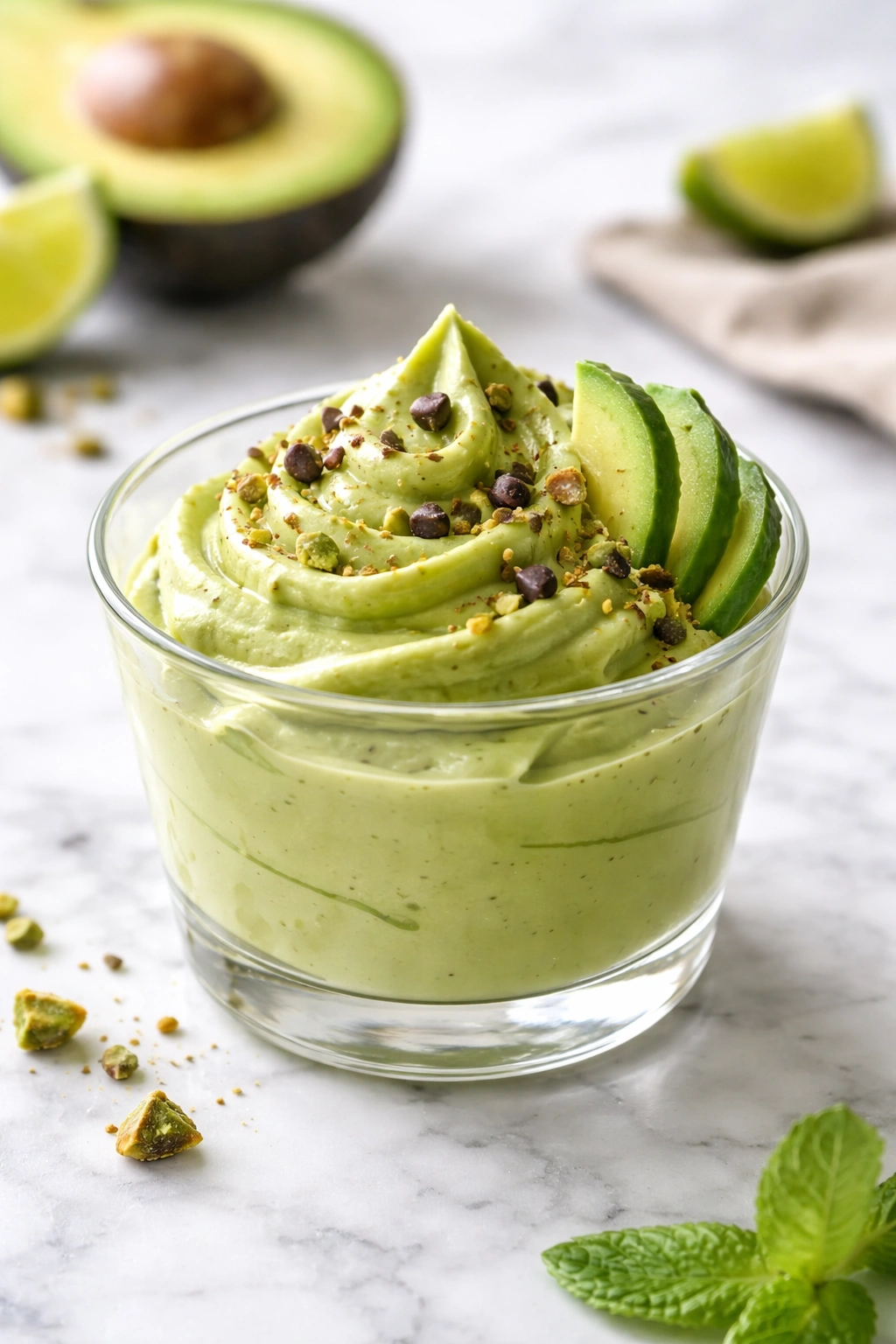 Green avocado mousse in a dessert glass