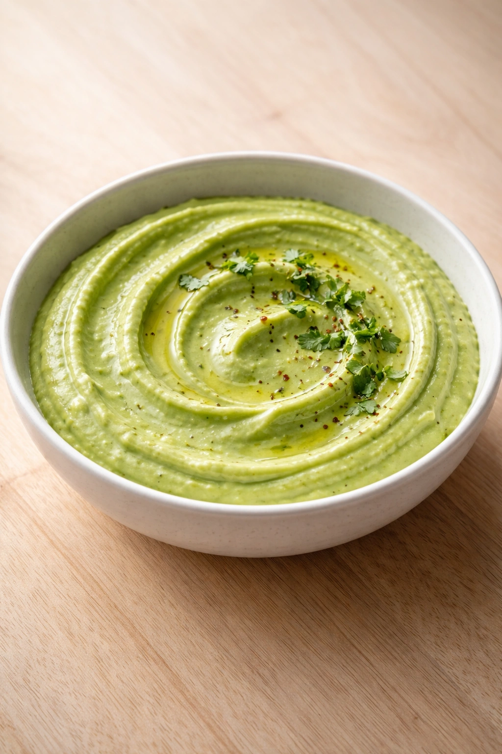 Emerald avocado dip in a white bowl on a light wood surface