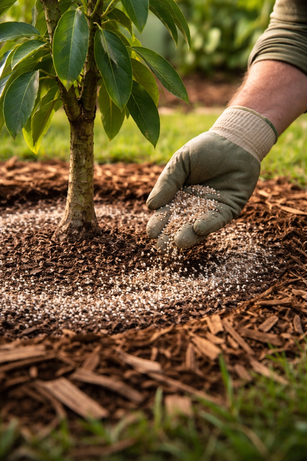 Gloved hand applying fertilizer around the drip line of a young avocado tree