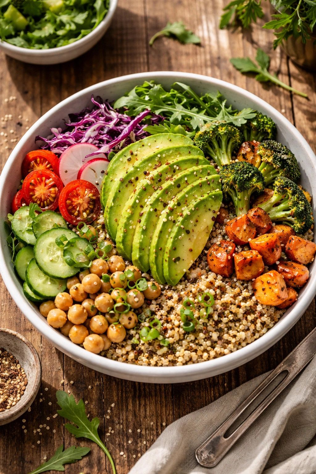 Avocado grain bowl with quinoa, greens, and roasted veggies