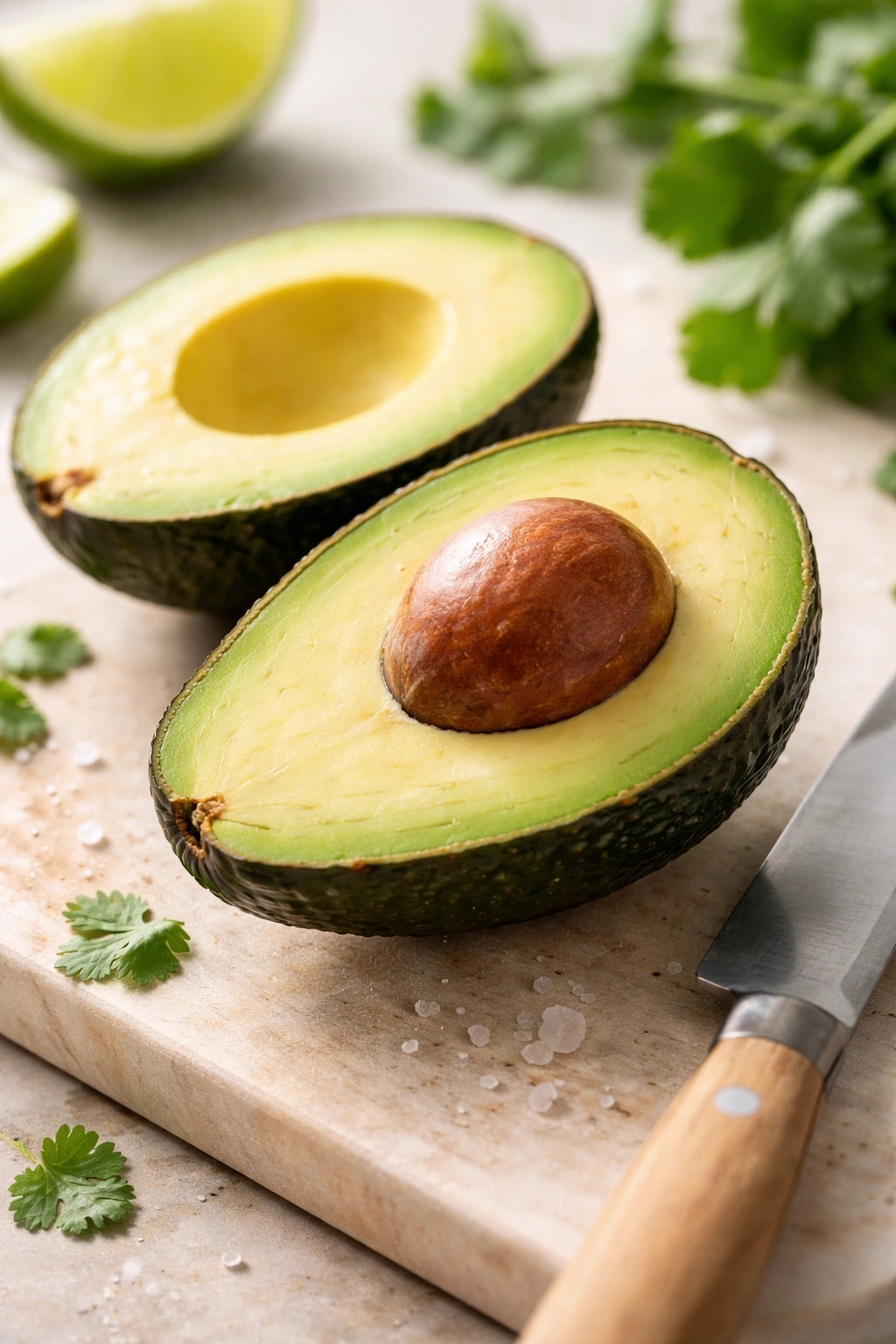 Half ripe avocado with pit in place on plain surface