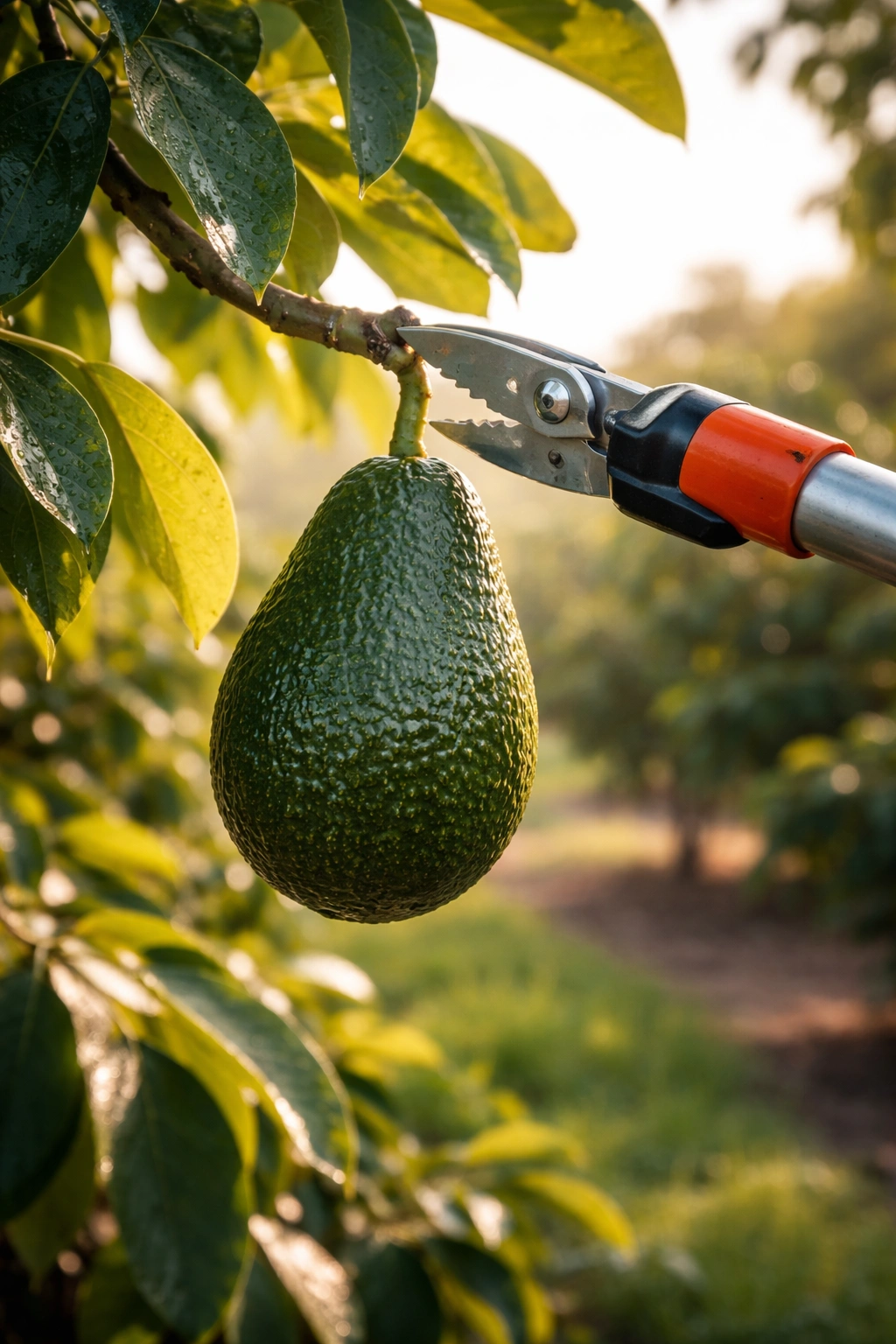 Close-up of a ripe avocado on a branch with stem intact in a California avocado grove during morning light