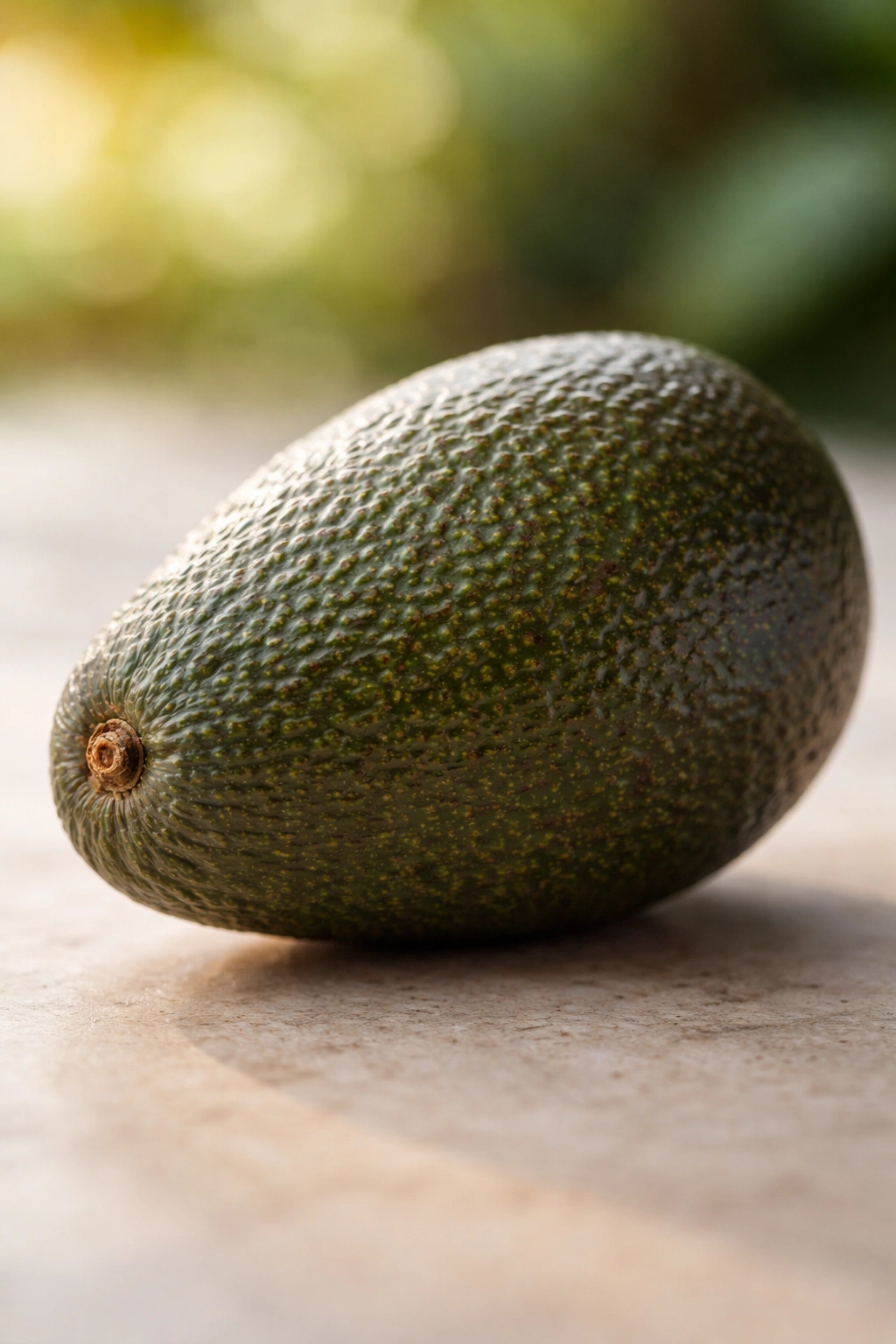 Single avocado with dull skin on a neutral surface indicating maturity