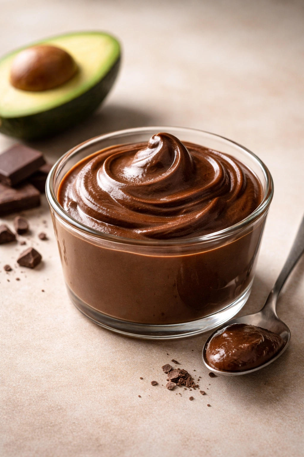 Silky chocolate avocado mousse in a ramekin on a neutral background