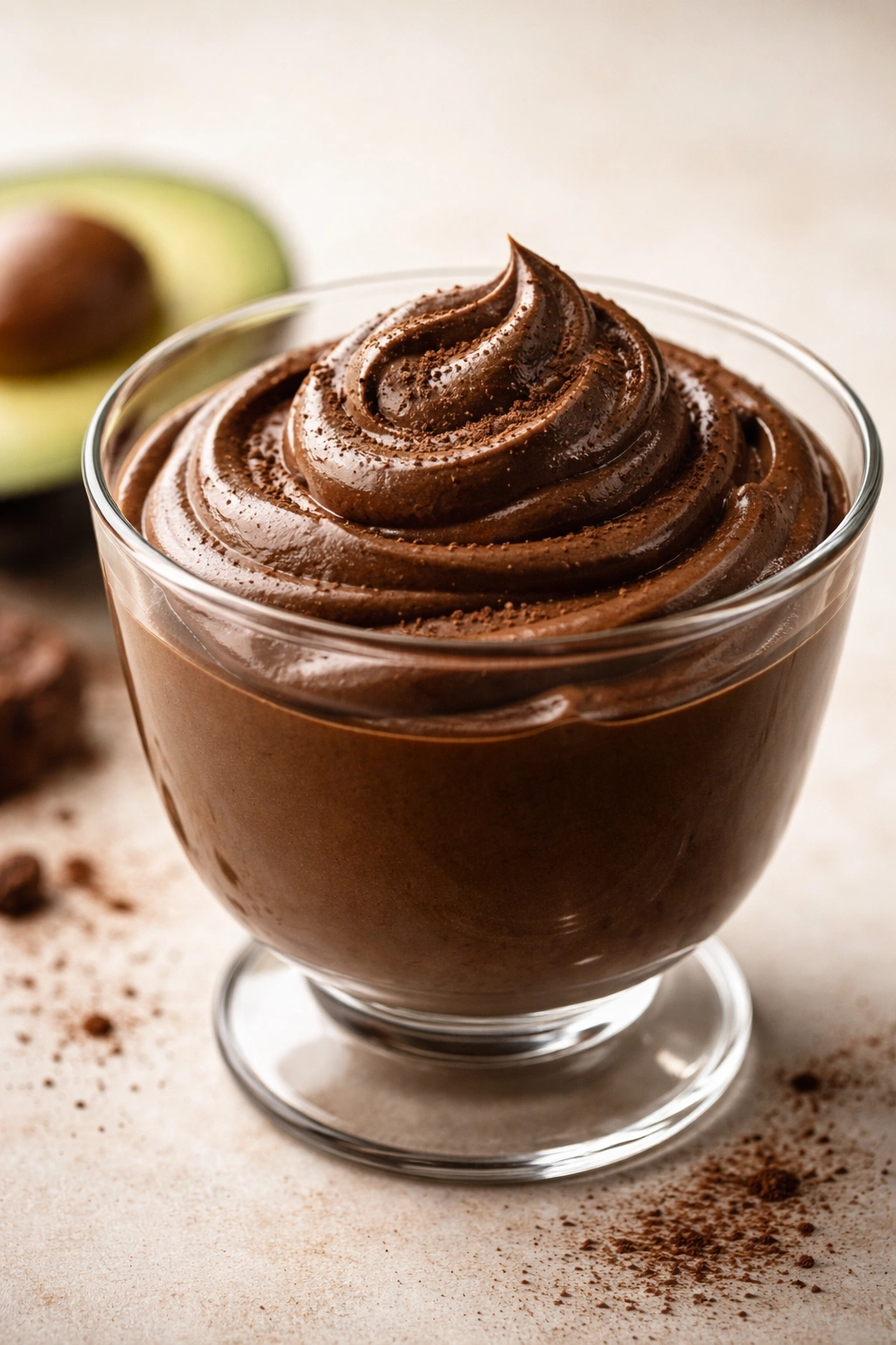 Close-up of a glass cup with silky dark chocolate avocado mousse, smooth surface, studio lighting
