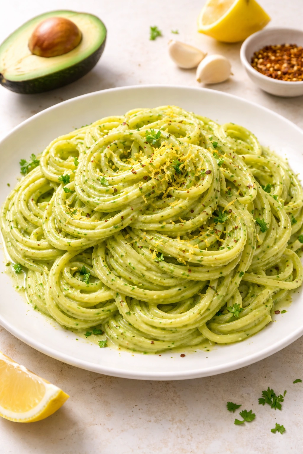 Pasta with silky avocado sauce, garlic, and lemon zest on a plate