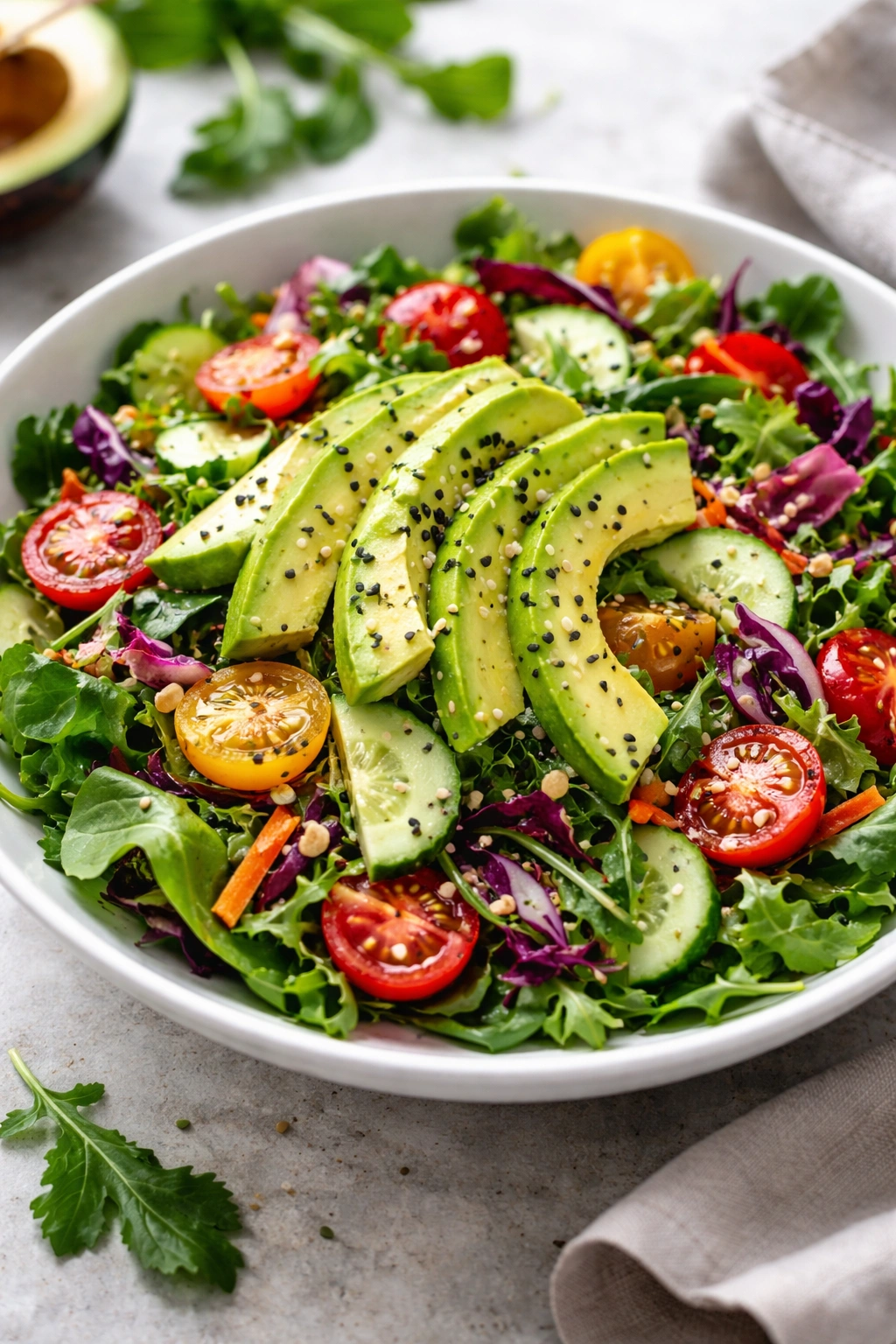 Avocado slices on a vibrant mixed greens salad