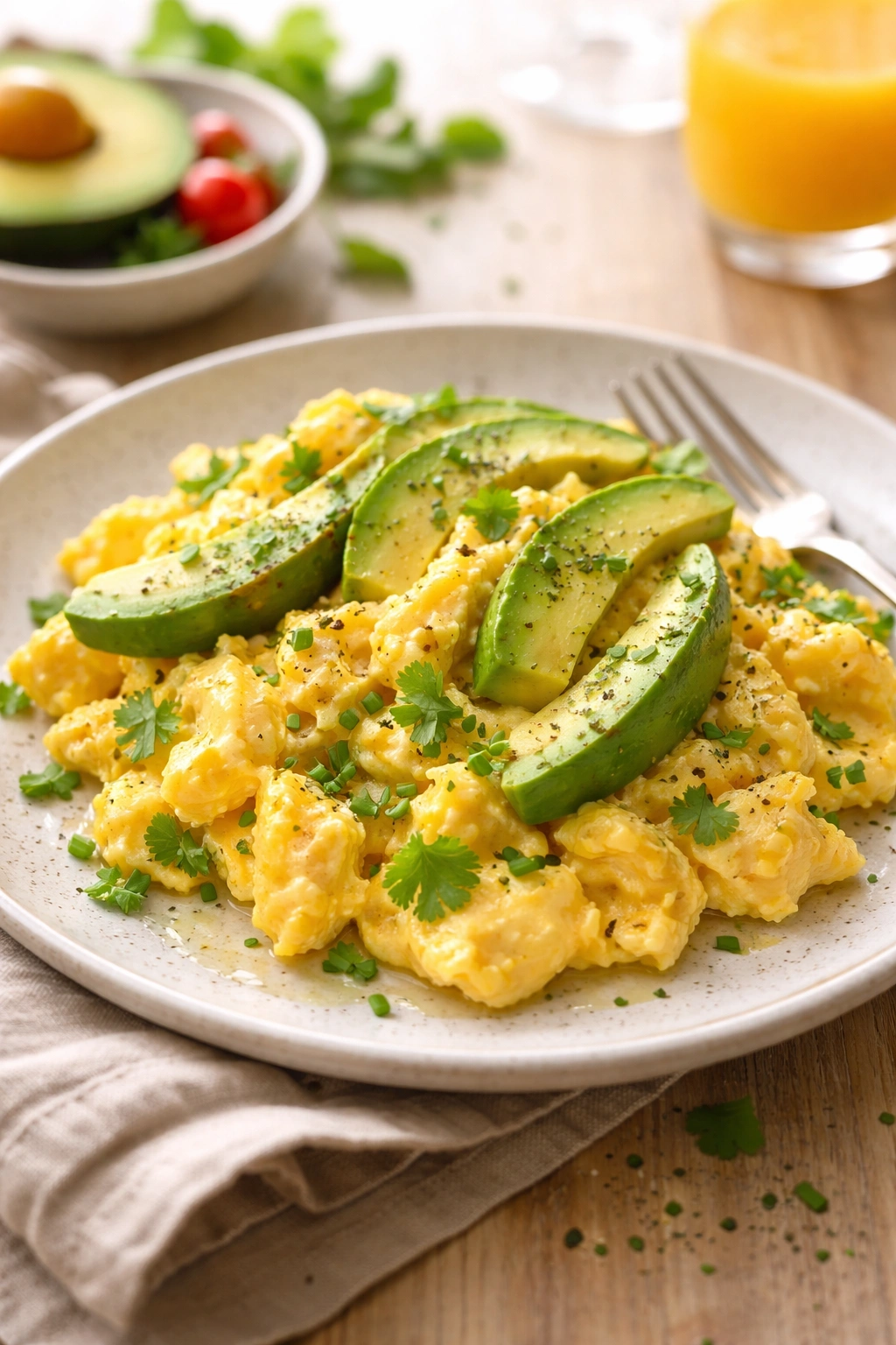 Scrambled eggs with avocado slices on a warm plate