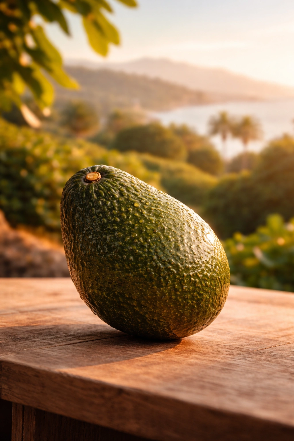 Close-up of a ripe avocado on wood with warm-to-cool gradient background suggesting seasonal California avocado season