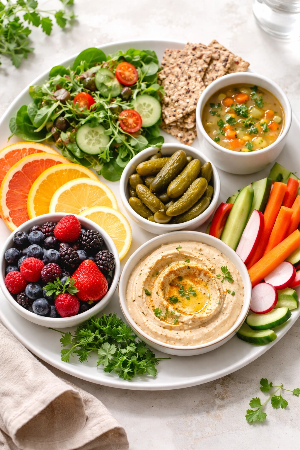 Assorted simple side dishes including greens, crackers, soup, fruit, pickles, and hummus on a plate
