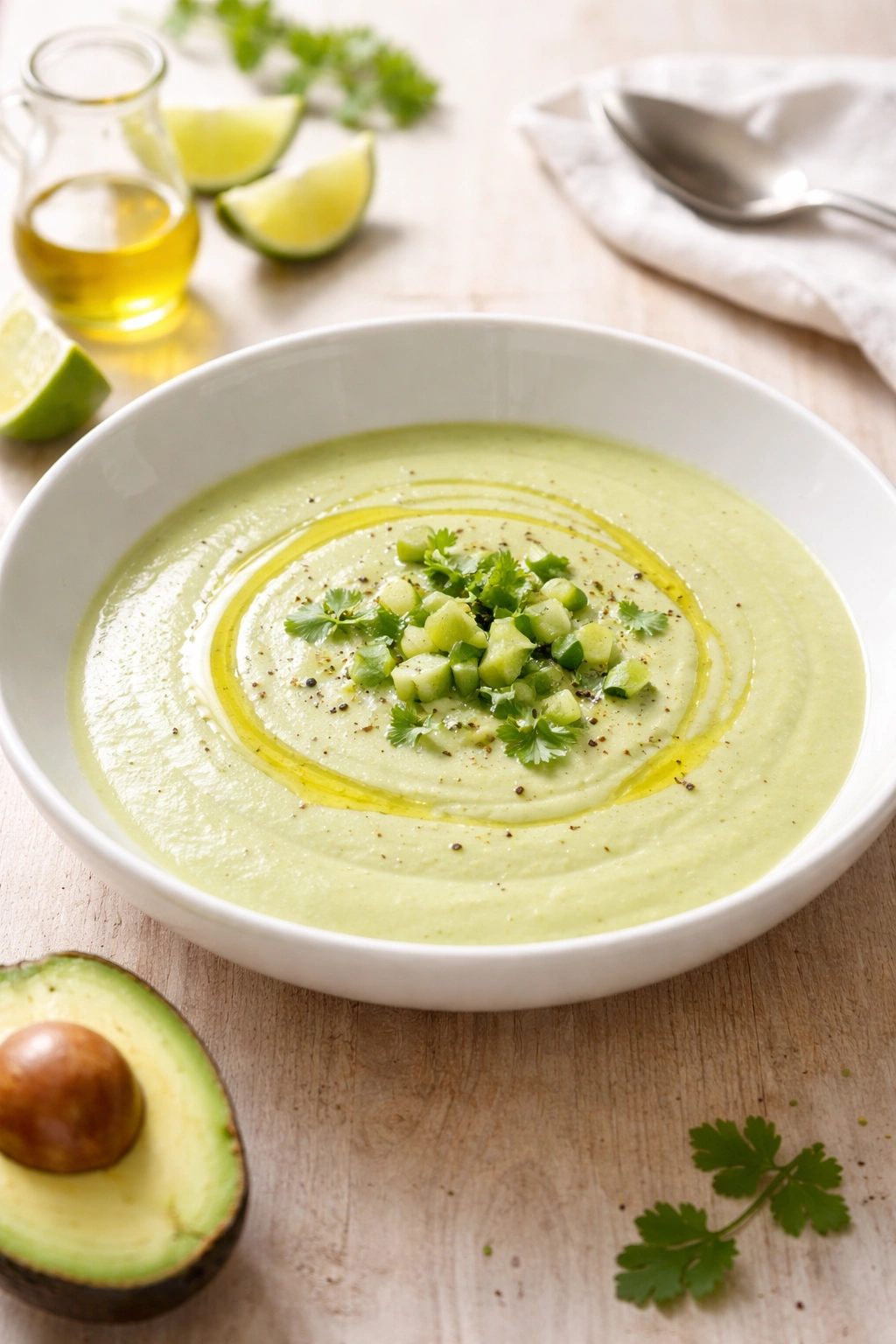 Cold avocado soup in a white bowl with smooth creamy texture