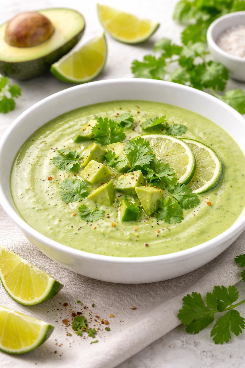 Silky avocado soup in a white bowl